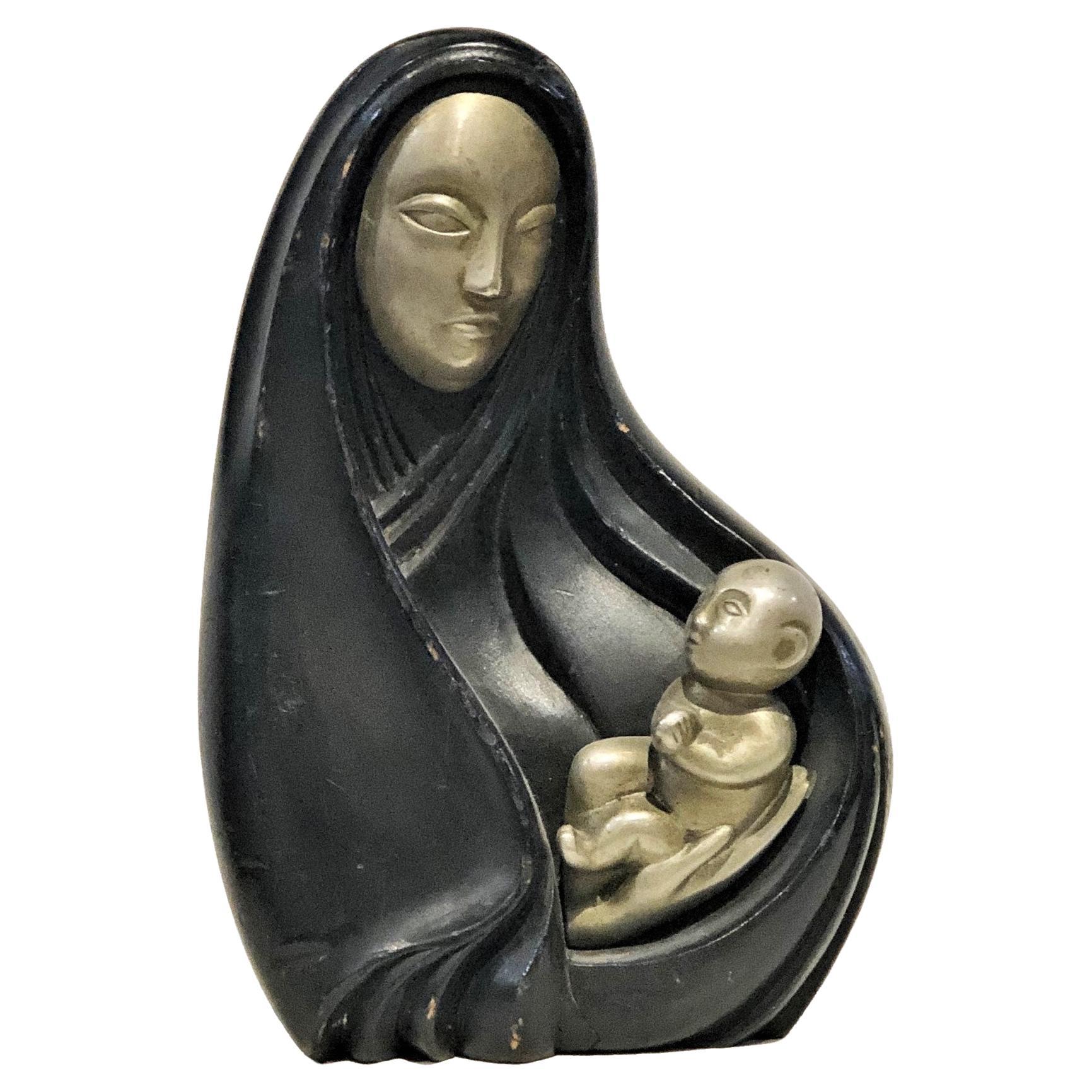 Rena Rosenthal, Madonna & Child, Art Deco Wood & Metal Sculpture, ca. 1920’s For Sale