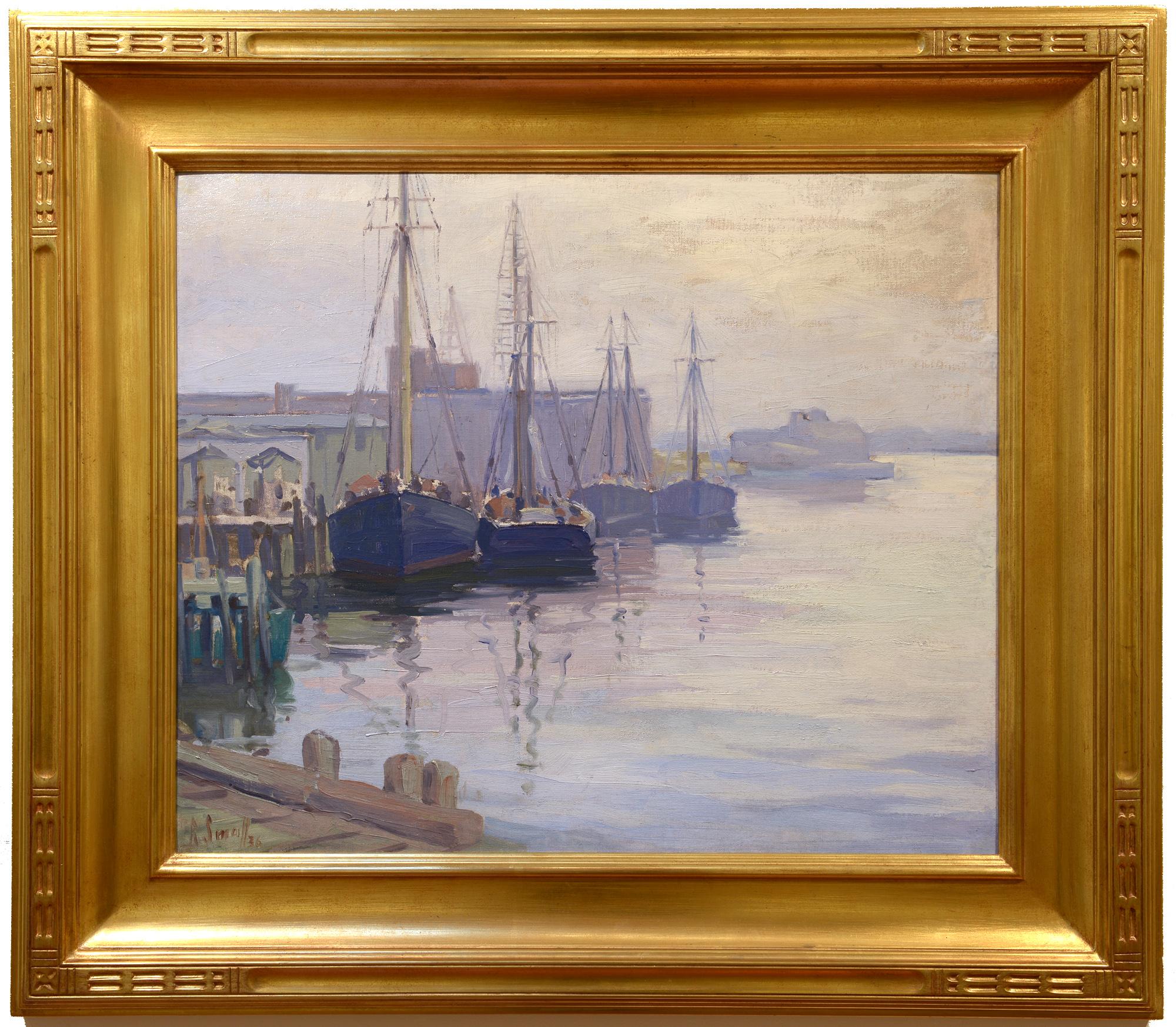 Silvery Day, Boats at Wharf, New England Harbor, Impressionist Oil - Painting by Rena Small