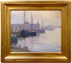 Giornata argentea, barche al molo, porto del New England, olio impressionista