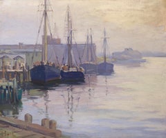Vintage Silvery Day, Boats at Wharf, New England Harbor, Impressionist Oil