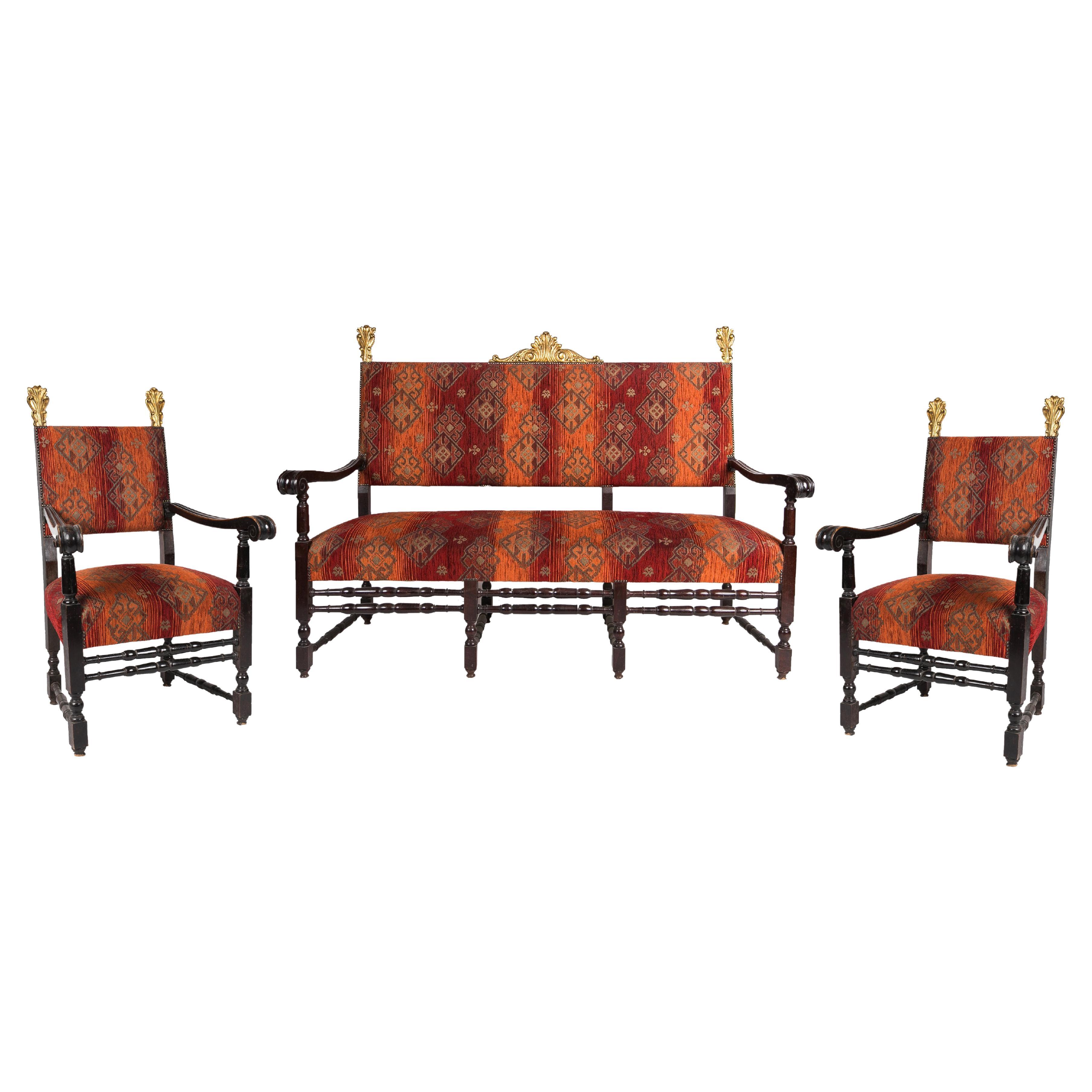 Neo-Renaissance Revival Carved Walnut Armchairs and Canape