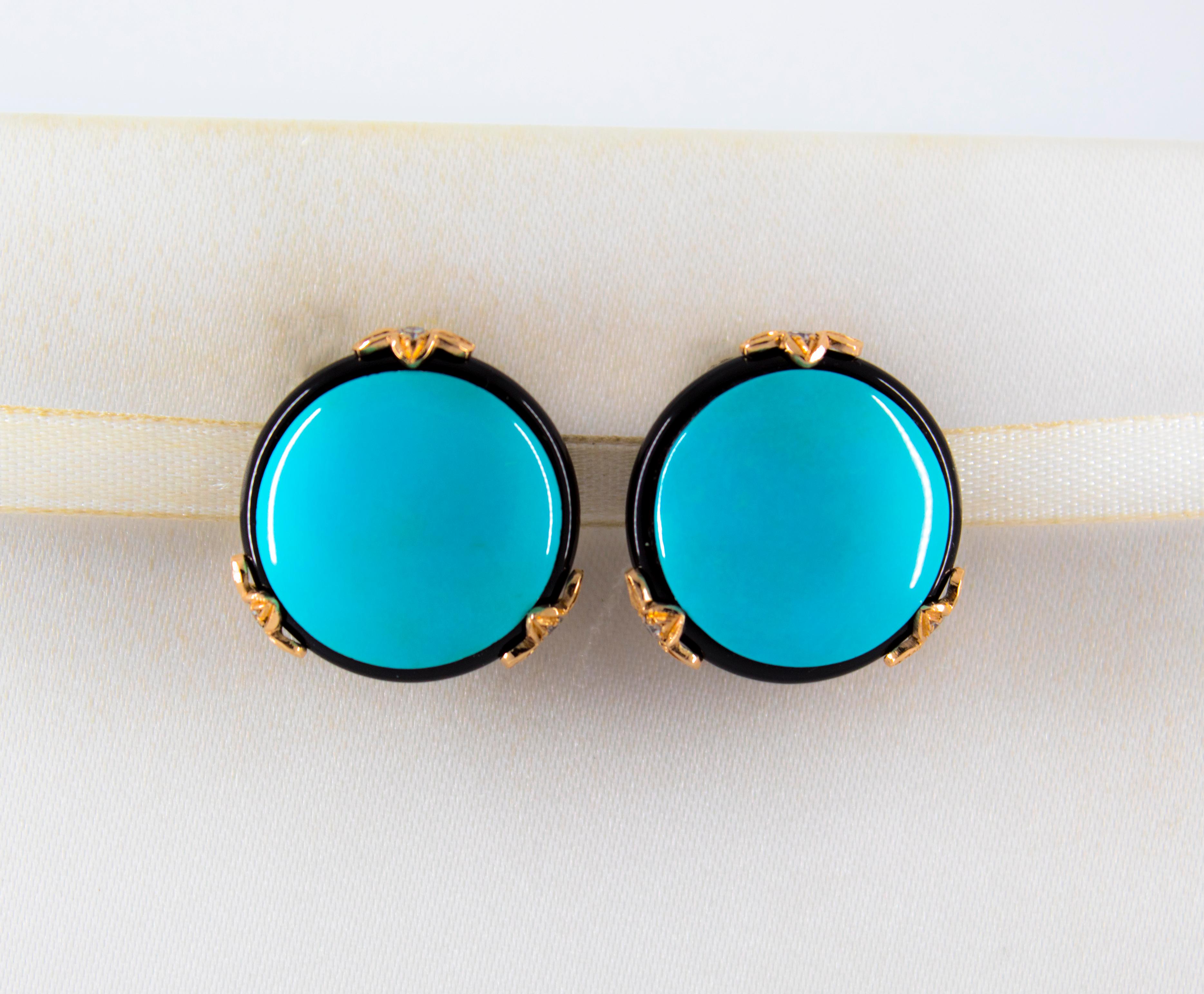 These Earrings are made of 14K Yellow Gold.
These Earrings have 0.20 Carats of White Diamonds.
These Earrings have Turquoise and Onyx.
All our Earrings have pins for pierced ears but we can change the closure and make any of our Earrings suitable