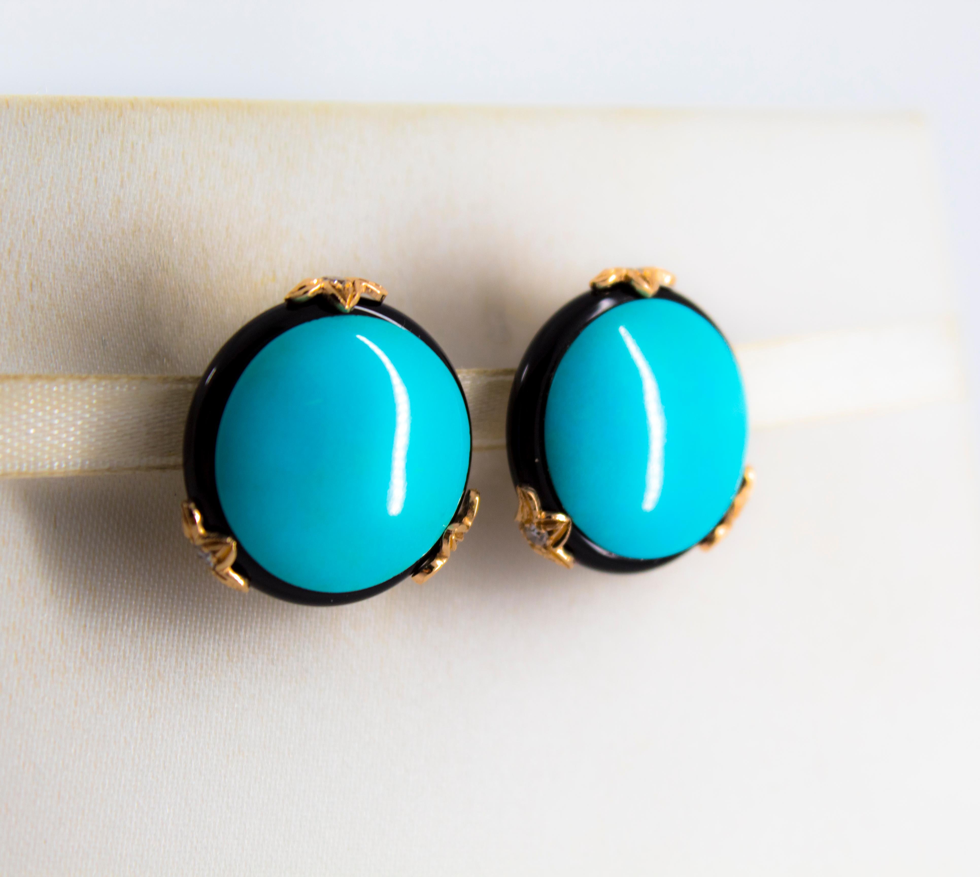 Renaissance 0.20 Carat White Diamond Onyx Turquoise Yellow Gold Clip-On Earrings In New Condition In Naples, IT