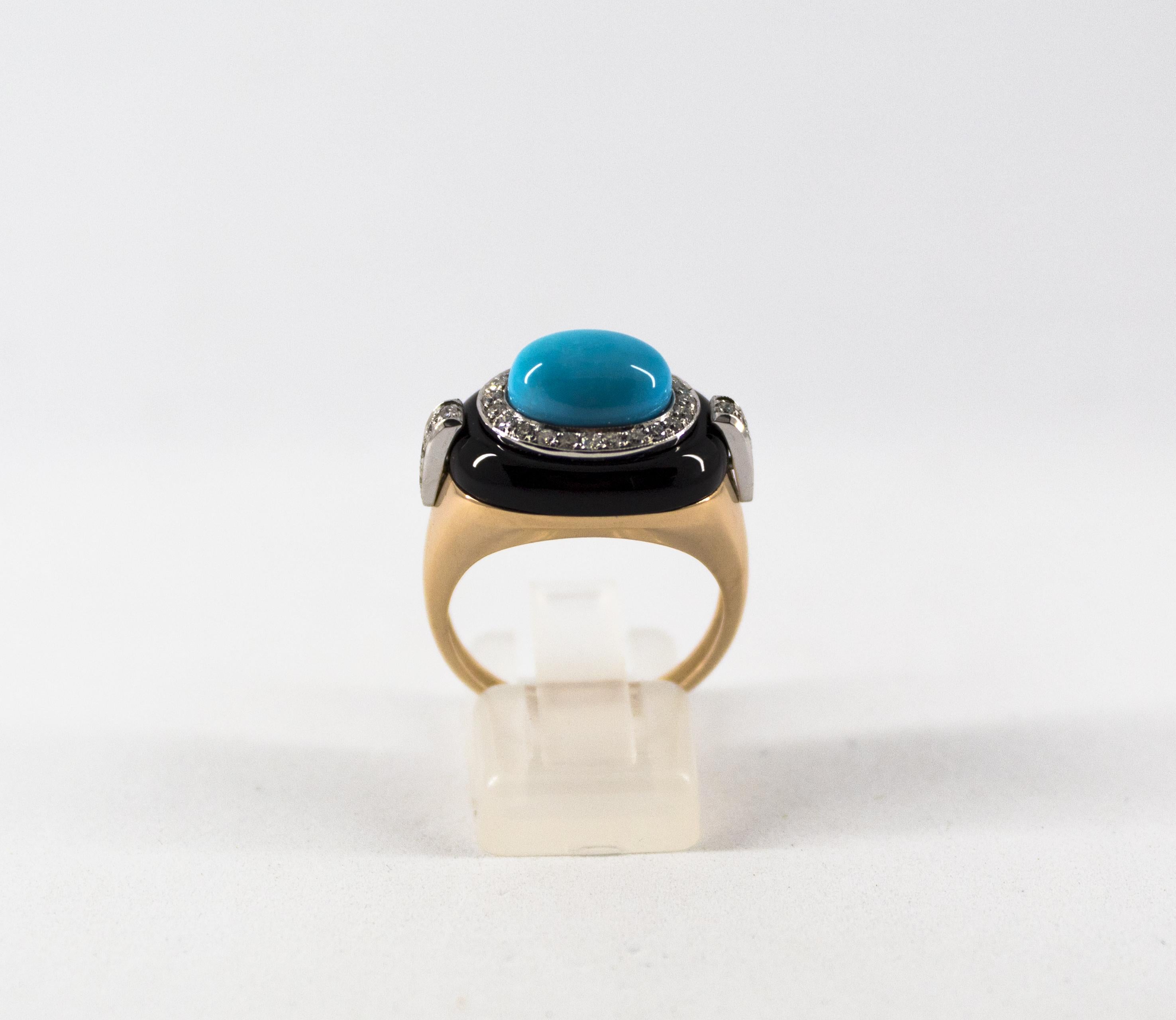 This ring is made of 14K Yellow Gold.
This ring has 0.40 Carats of White Diamonds.
This ring has Turquoise and Onyx.
This Ring is inspired by Renaissance Style and it is available also with Mediterranean Red Coral.
Size ITA: 17 Size USA: 8
We're a