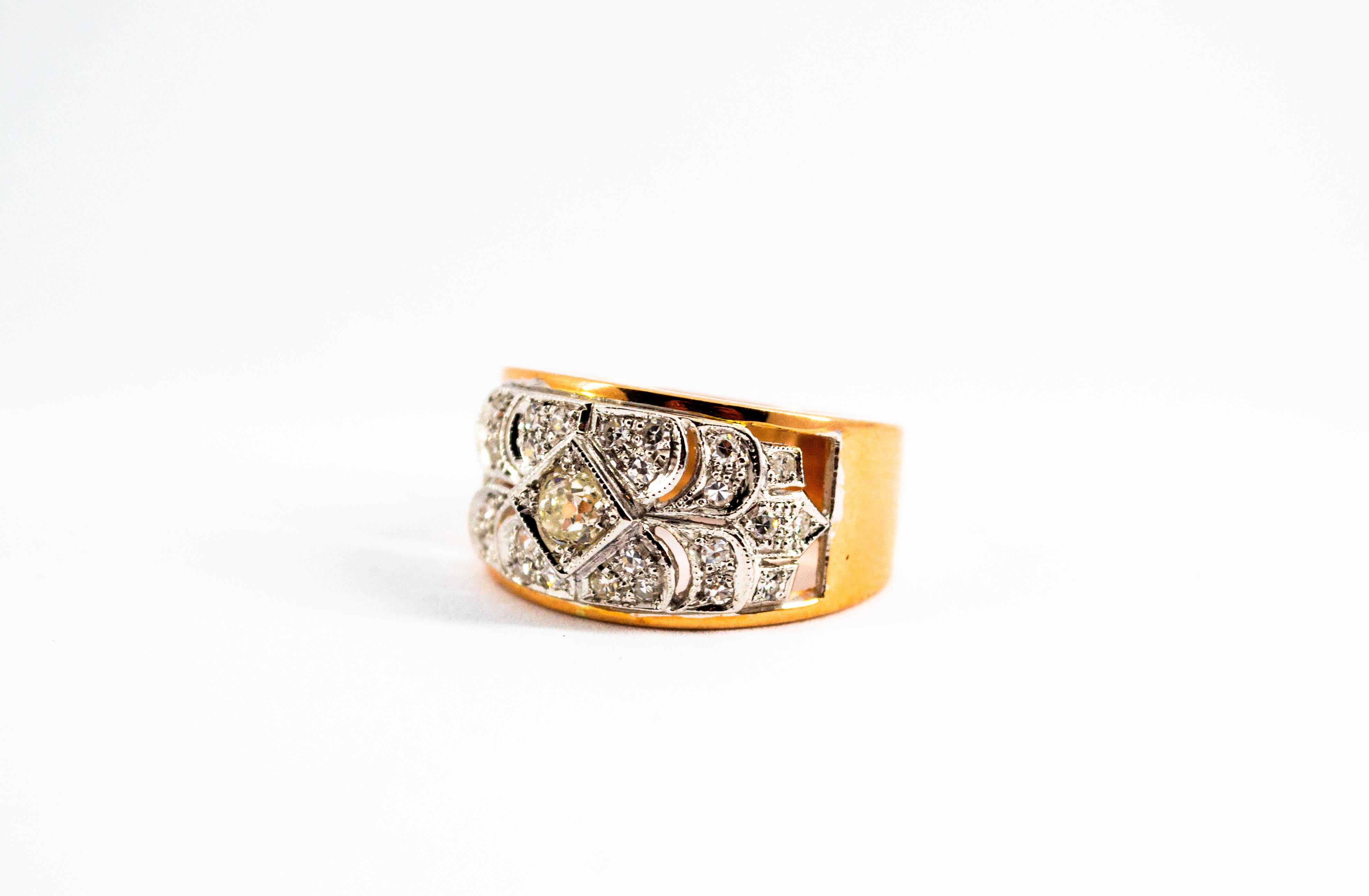 Renaissance 0.65 Carat White Diamond Yellow Gold White Gold Band Ring For Sale 1