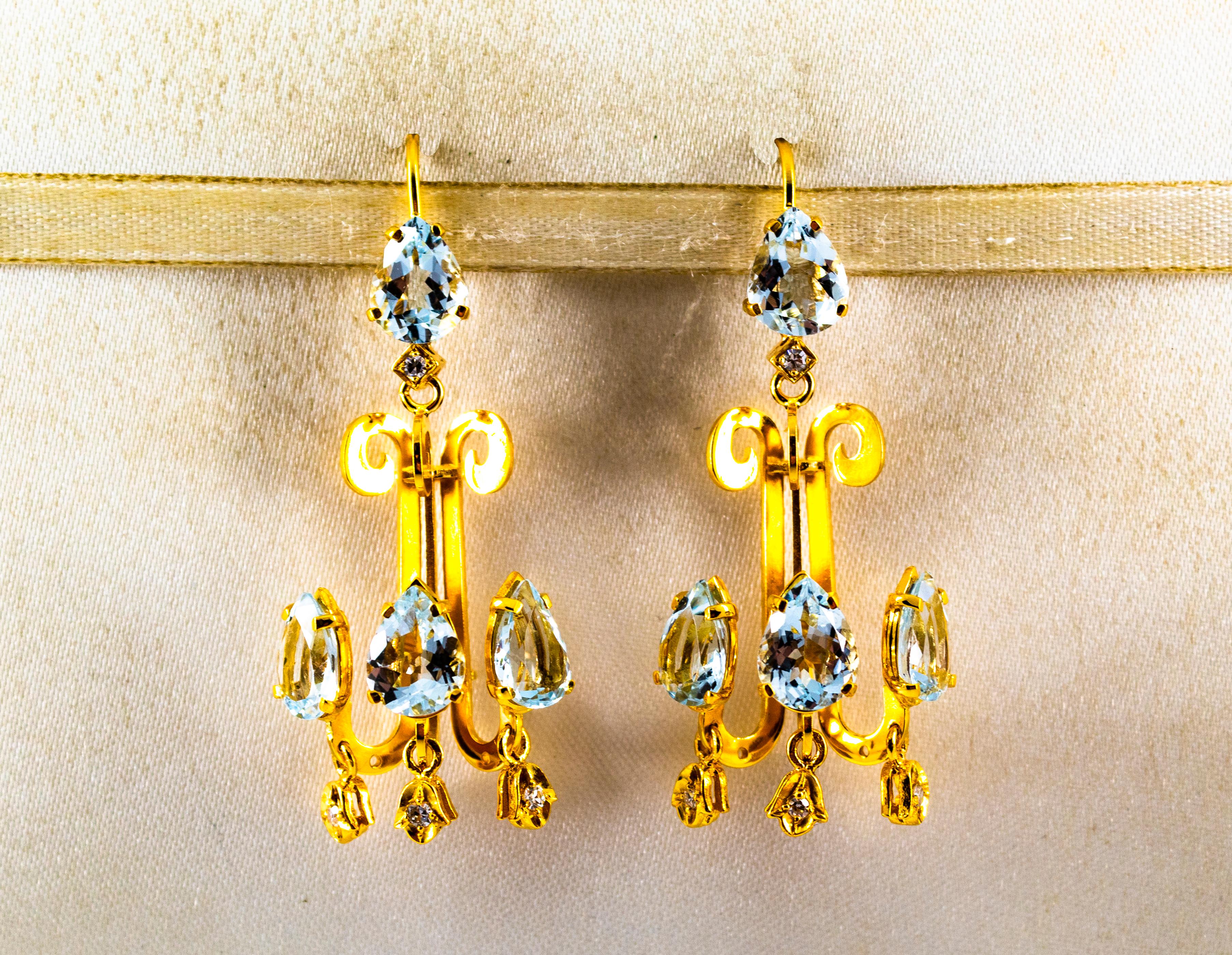 Renaissance 10.36 Carat White Diamond Aquamarine Yellow Gold Chandelier Earrings In New Condition For Sale In Naples, IT