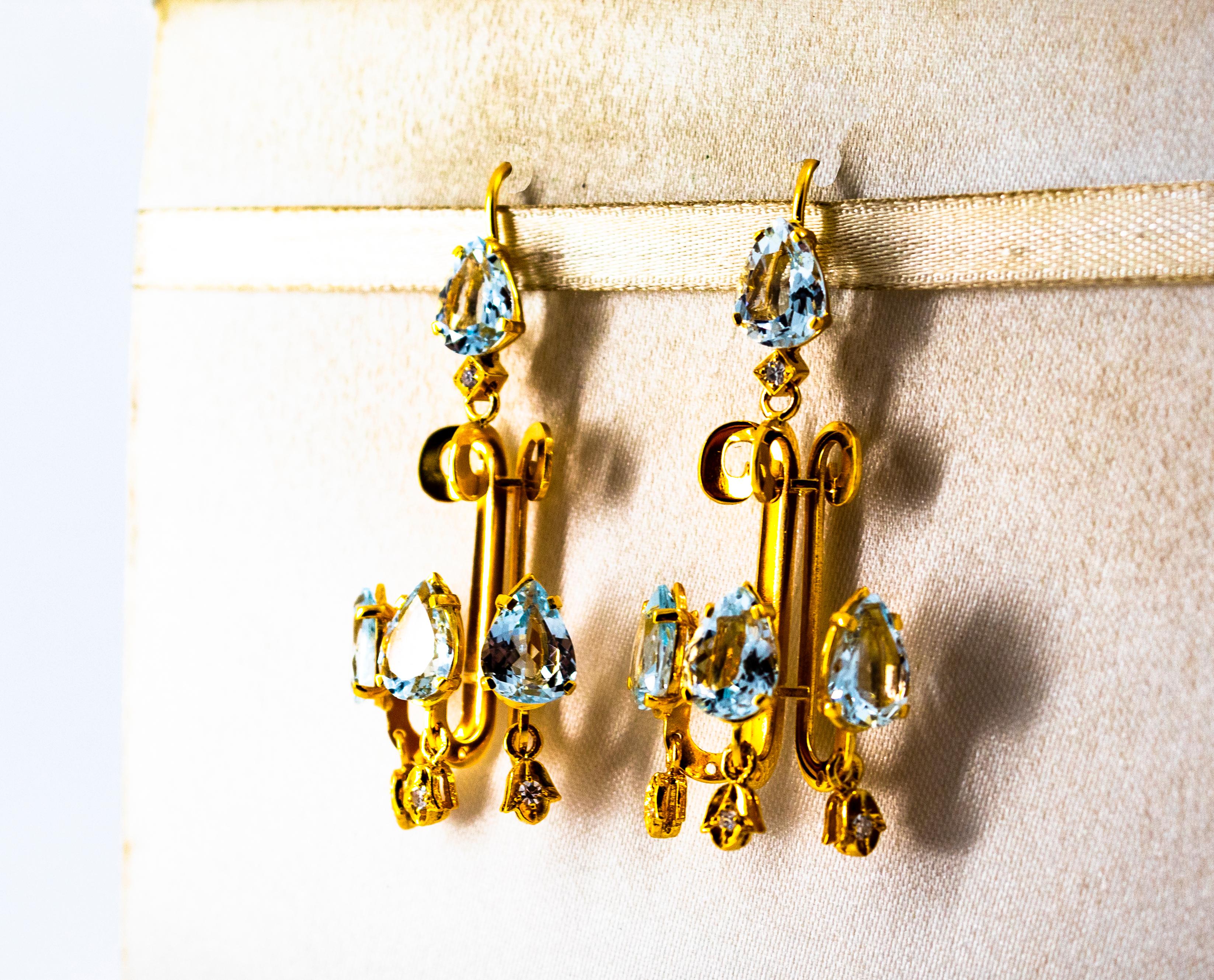 Women's or Men's Renaissance 10.36 Carat White Diamond Aquamarine Yellow Gold Chandelier Earrings For Sale