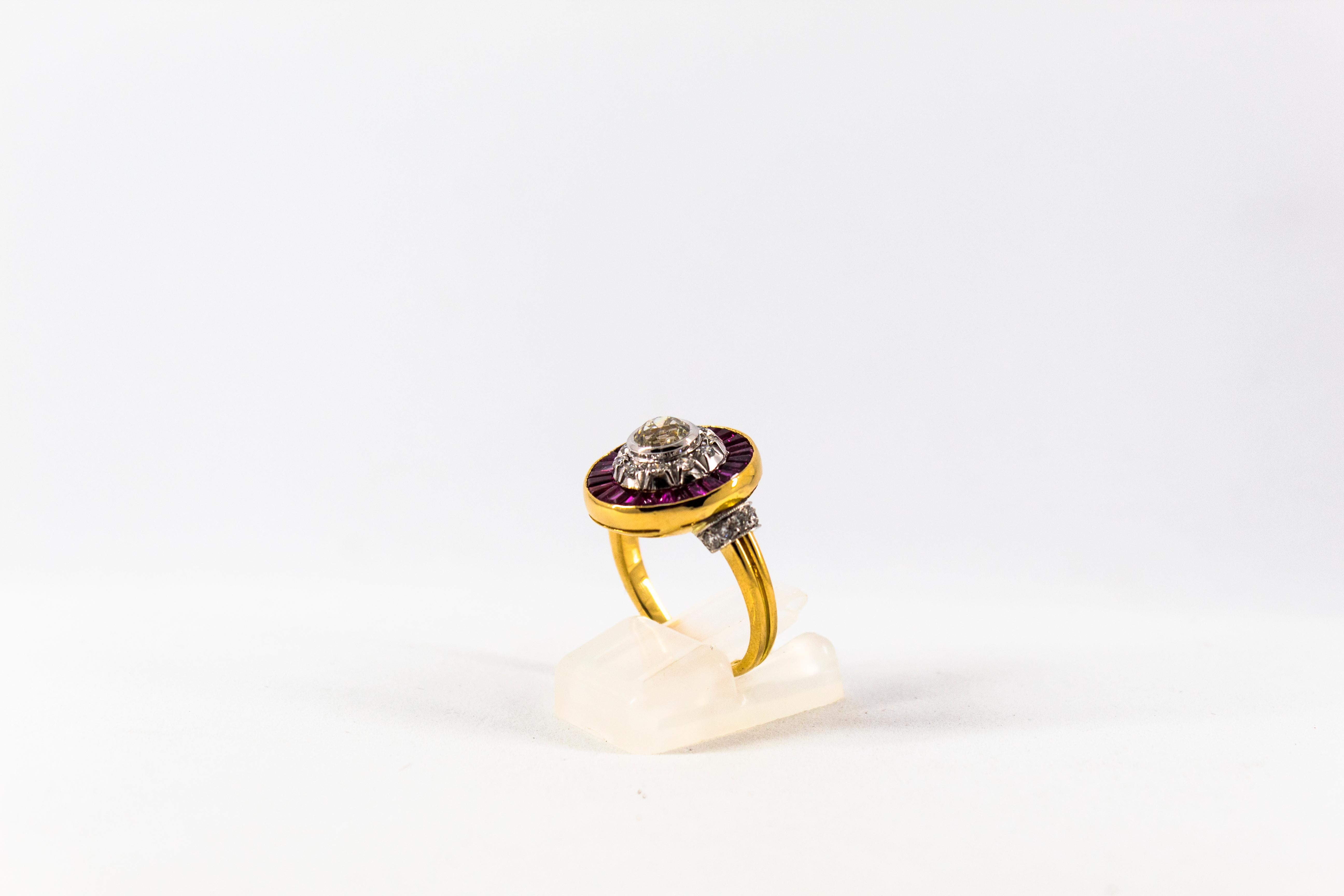 Women's or Men's Renaissance 1.15 Carat White Diamond 1.35 Carat Ruby Yellow Gold Cocktail Ring