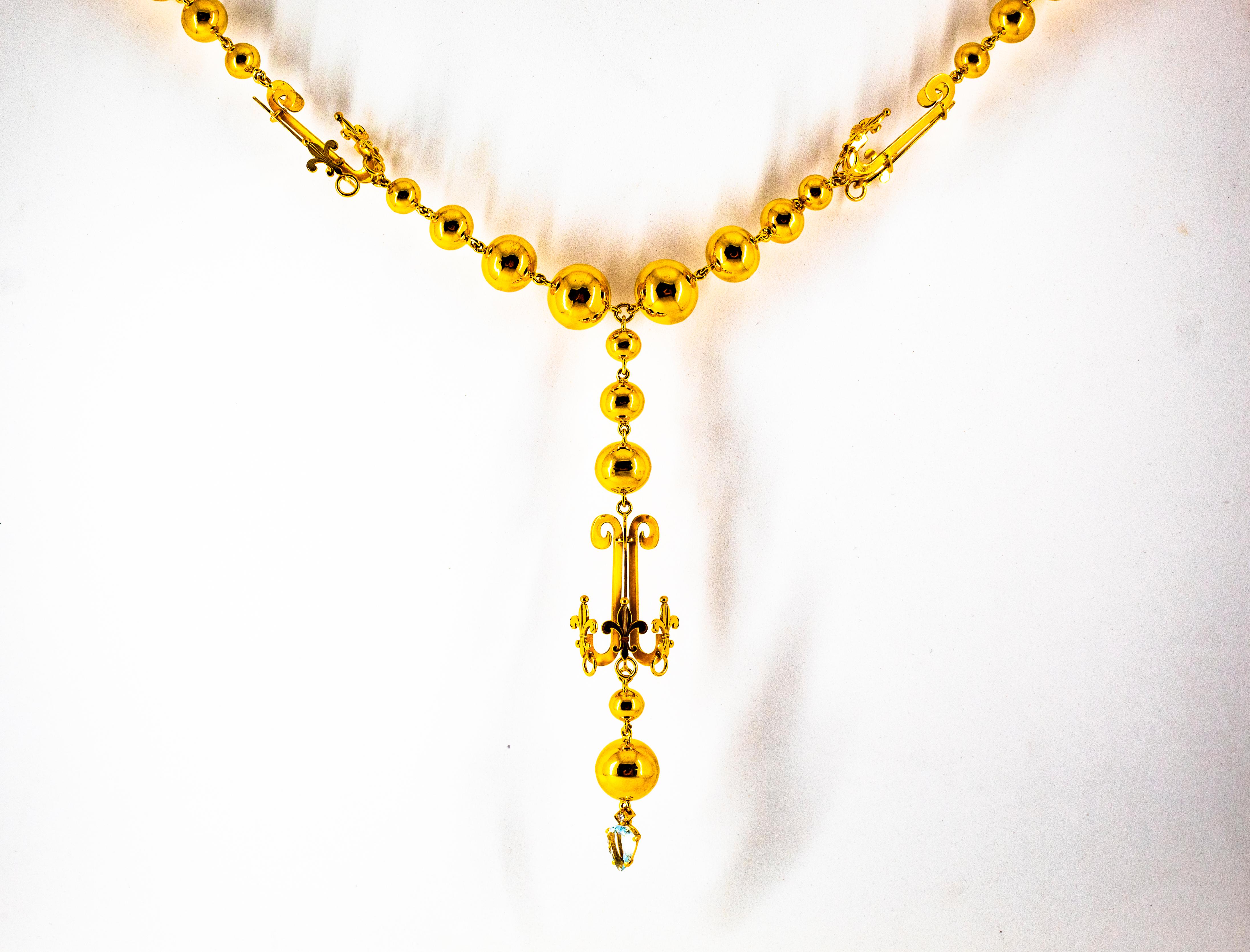 Renaissance 1.22 Carat White Diamond Aquamarine Yellow Gold Drop Necklace For Sale 3