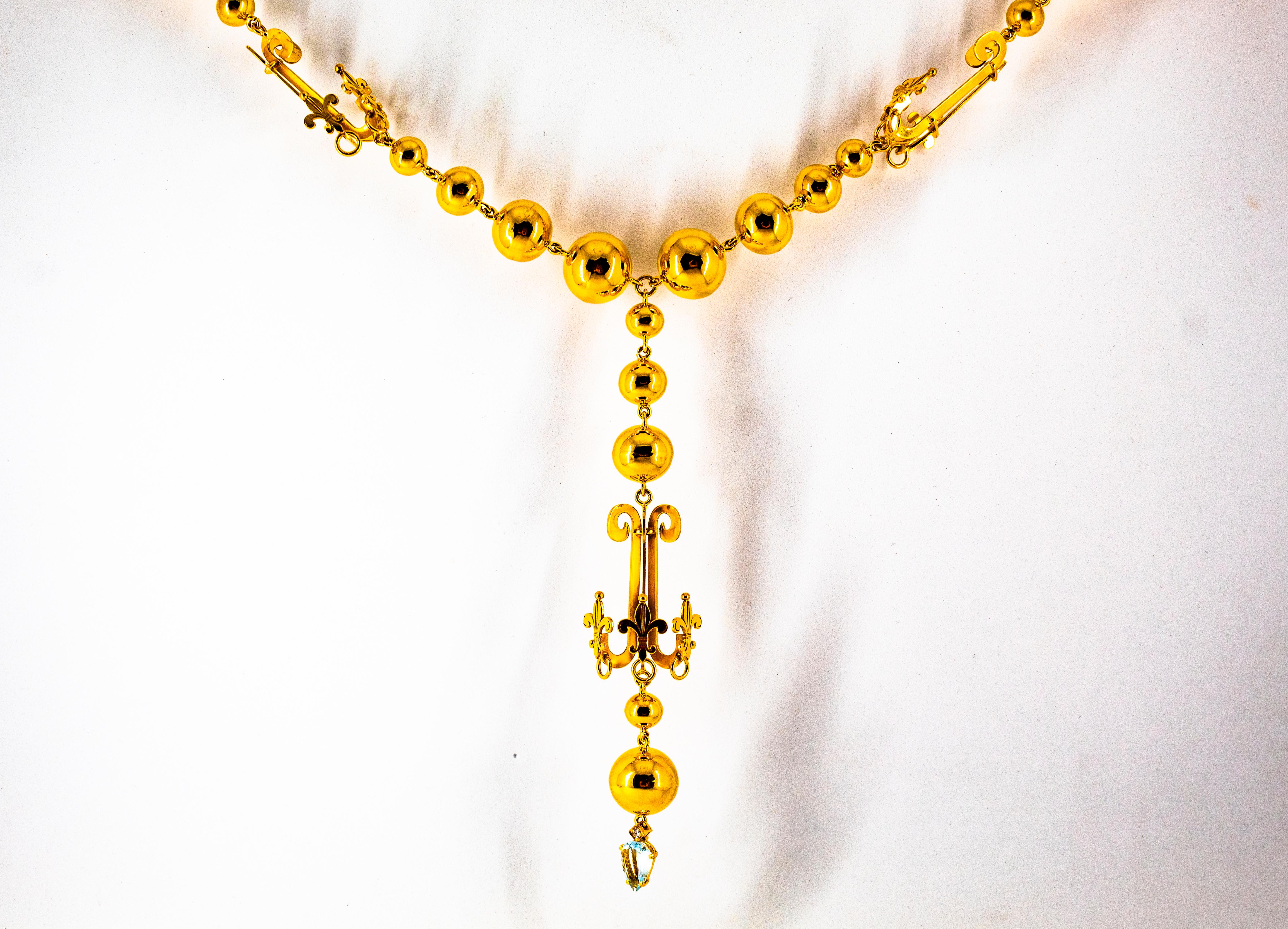 Renaissance 1.22 Carat White Diamond Aquamarine Yellow Gold Drop Necklace For Sale 4