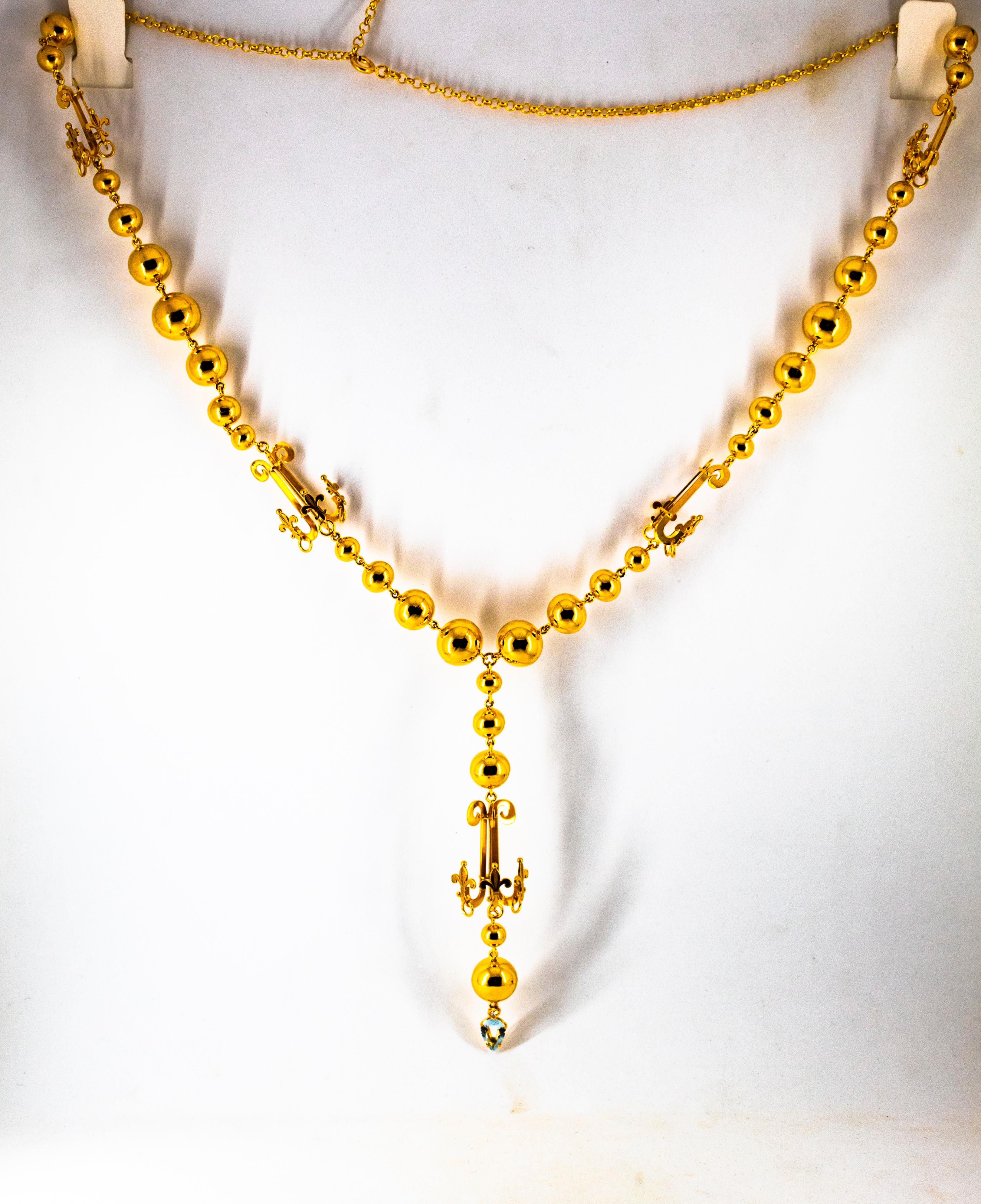 This Necklace is made of 9K Yellow Gold.
This Necklace has a 0.02 Carats White Diamonds.
This Necklace has a 1.20 Carats Aquamarine.
This Necklace is inspired by Renaissance Movement.
The Necklace Length is 75cm.
We're a workshop so every piece is