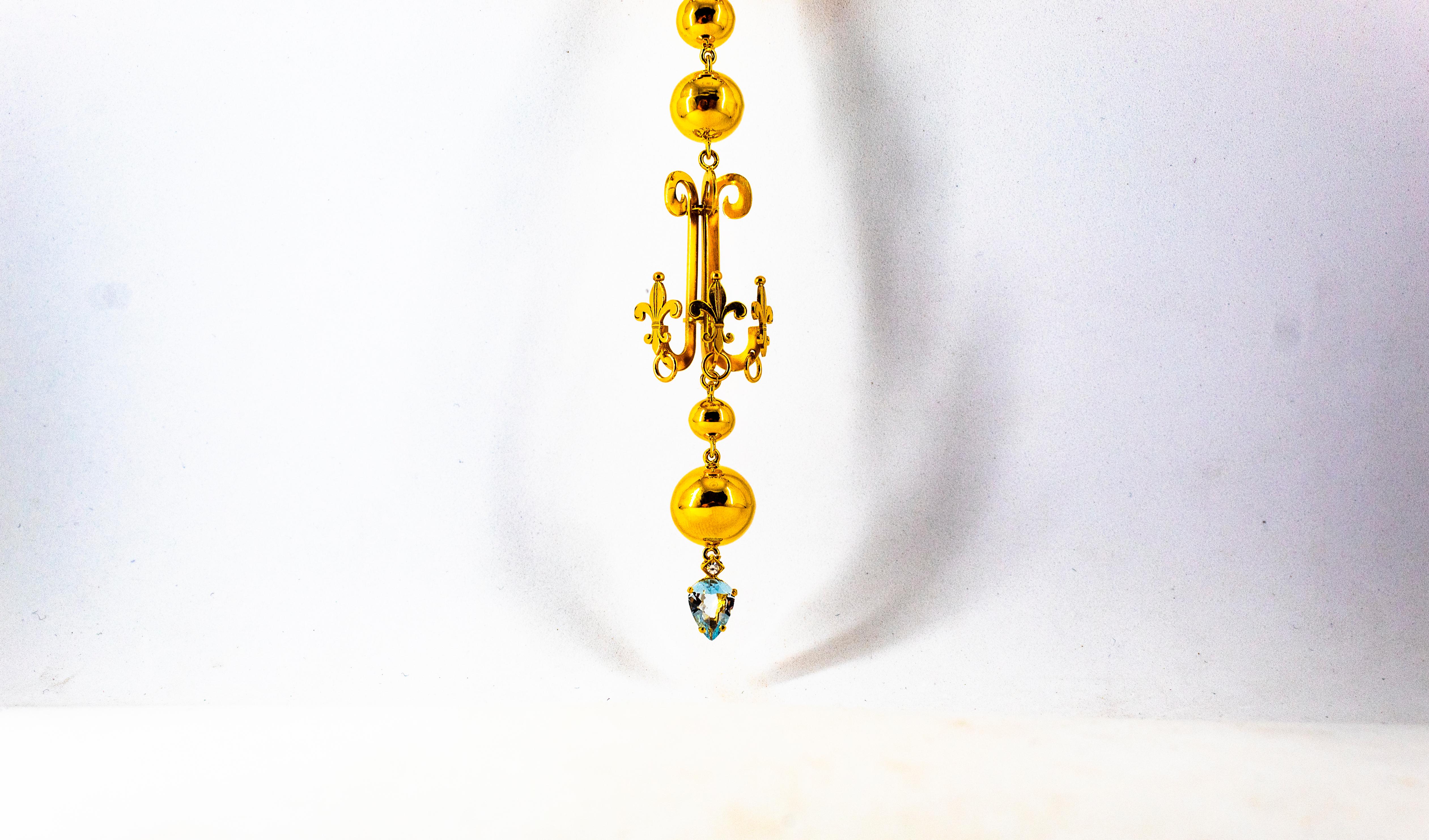Women's or Men's Renaissance 1.22 Carat White Diamond Aquamarine Yellow Gold Drop Necklace For Sale