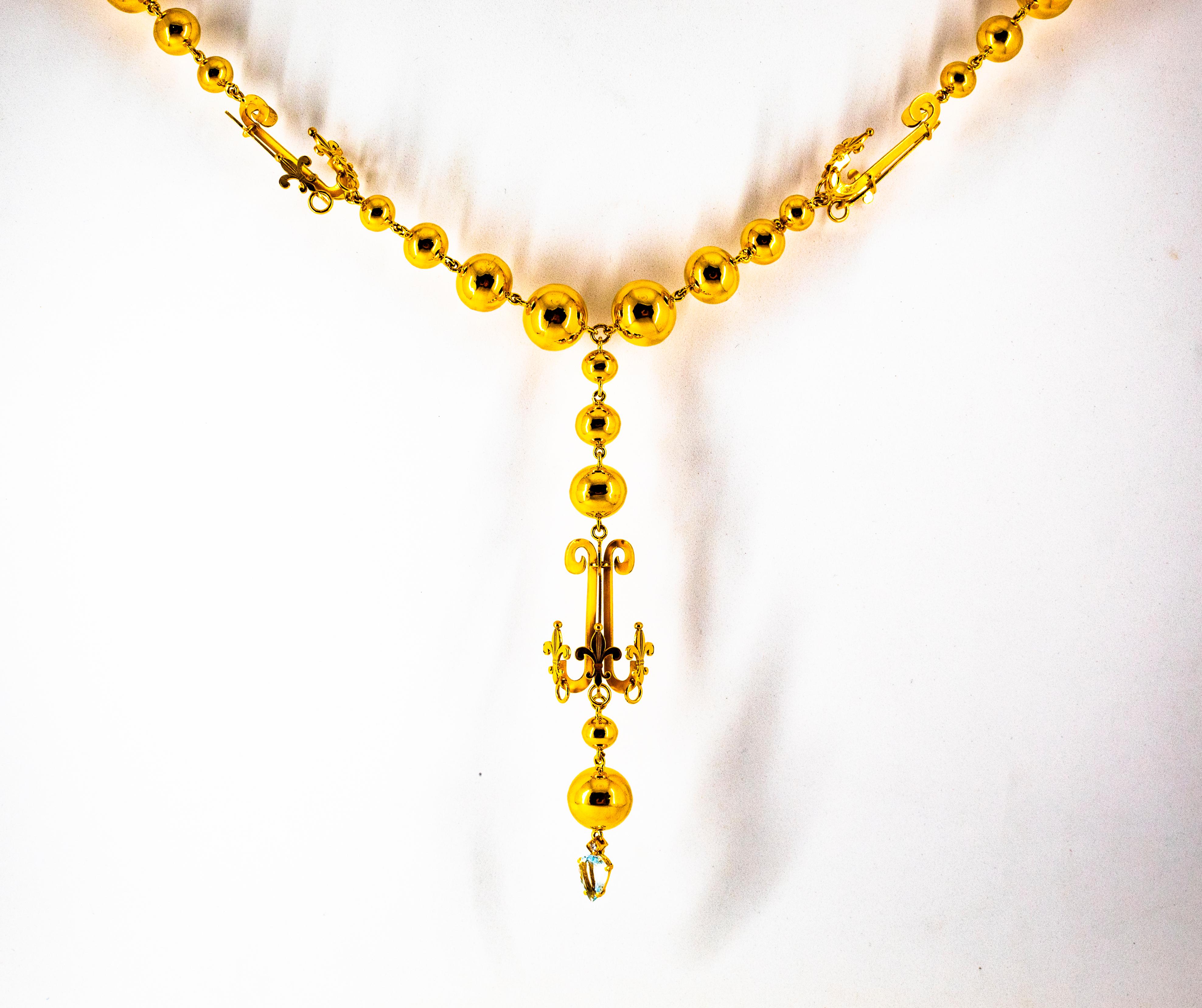 Renaissance 1.22 Carat White Diamond Aquamarine Yellow Gold Drop Necklace For Sale 1