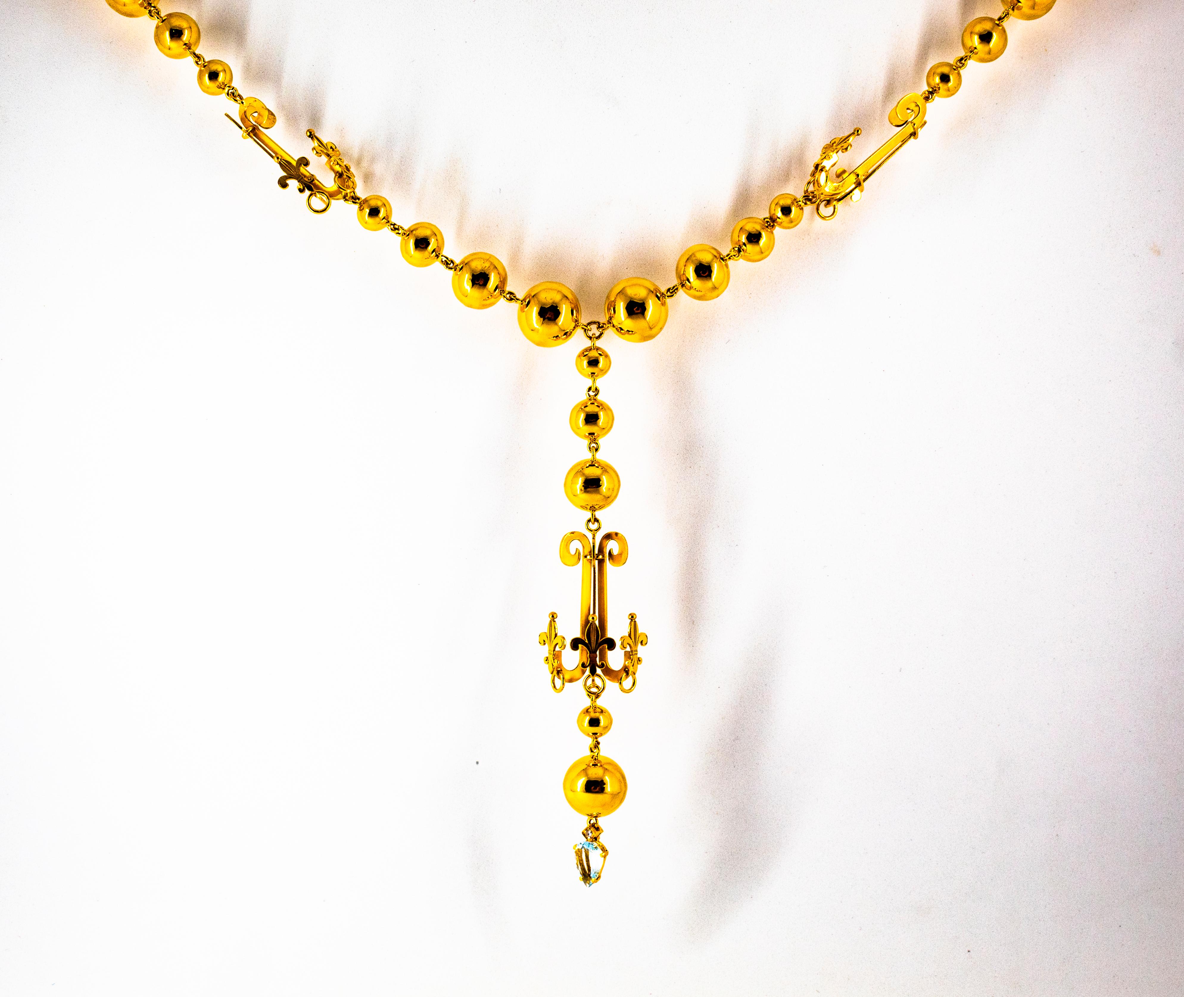 Renaissance 1.22 Carat White Diamond Aquamarine Yellow Gold Drop Necklace For Sale 2