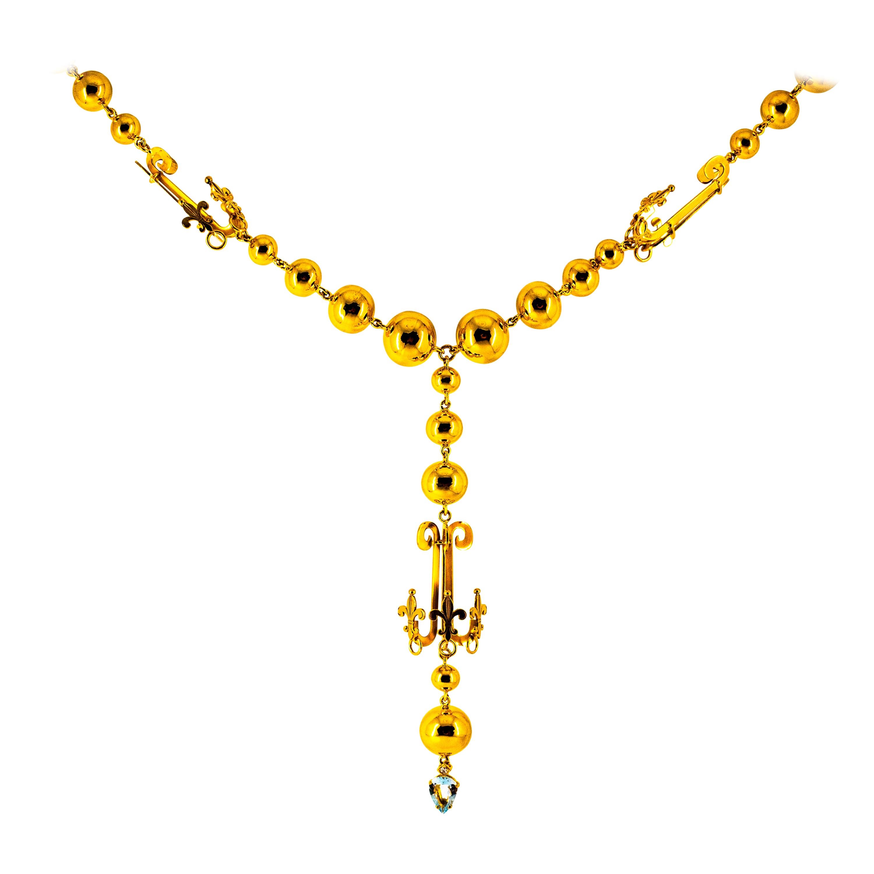 Renaissance 1.22 Carat White Diamond Aquamarine Yellow Gold Drop Necklace