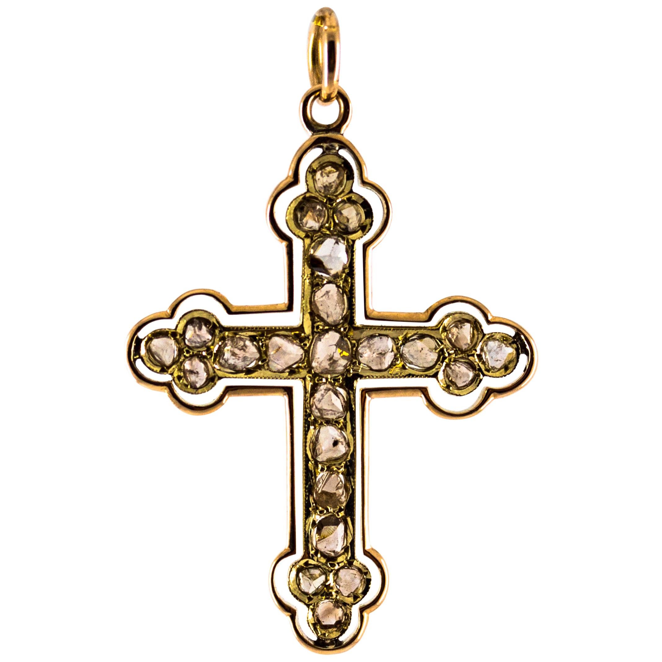 Renaissance 1.30 Carat White Rose Cut Diamond Yellow Gold Cross Pendant Necklace