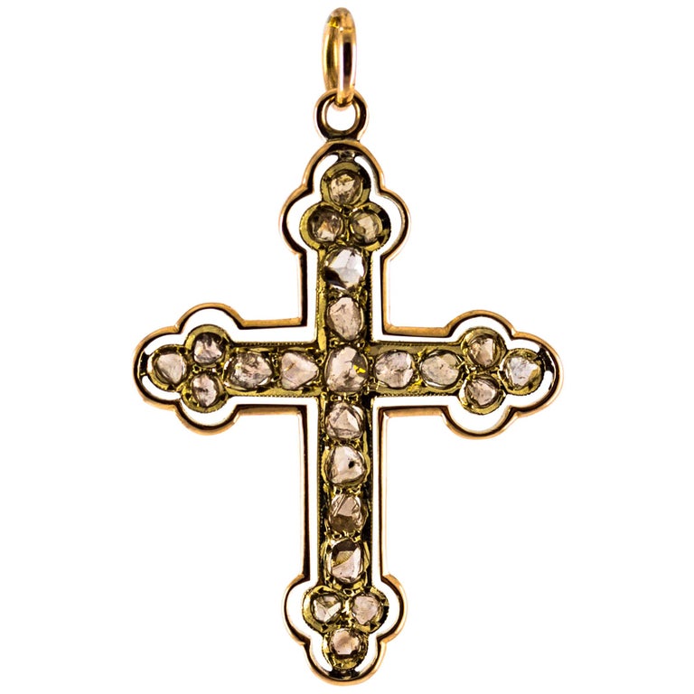 Renaissance 1.30 Carat White Rose Cut Diamond Yellow Gold Cross Pendant Necklace at 1stdibs