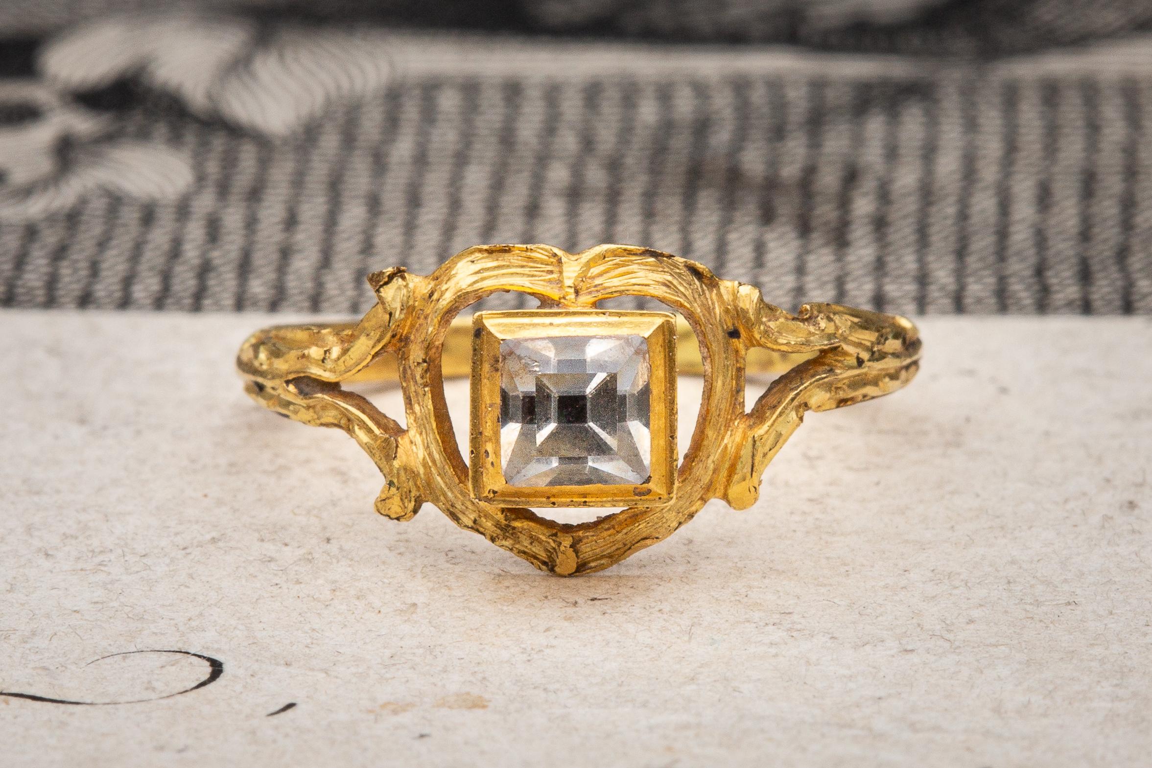 Renaissance 17th Century Table Cut Rock Crystal Love Heart Ring 22K Gold 2