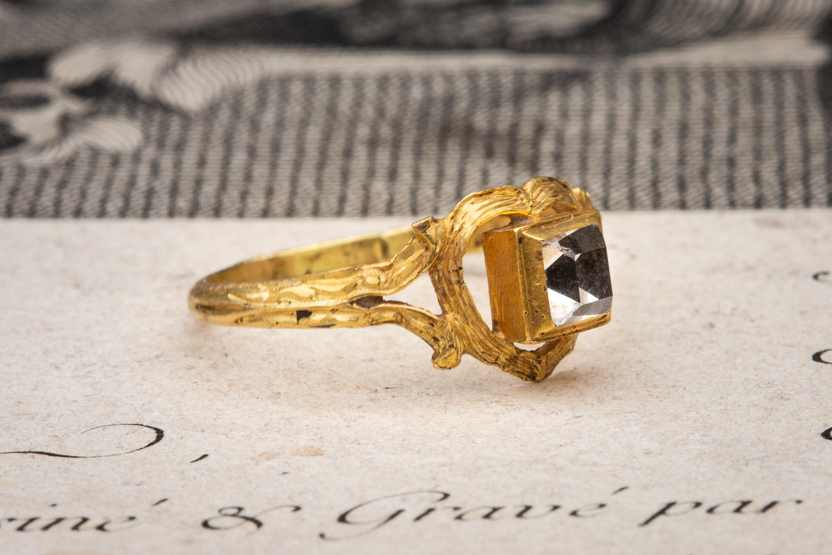 Emerald Cut Renaissance 17th Century Table Cut Rock Crystal Love Heart Ring 22K Gold