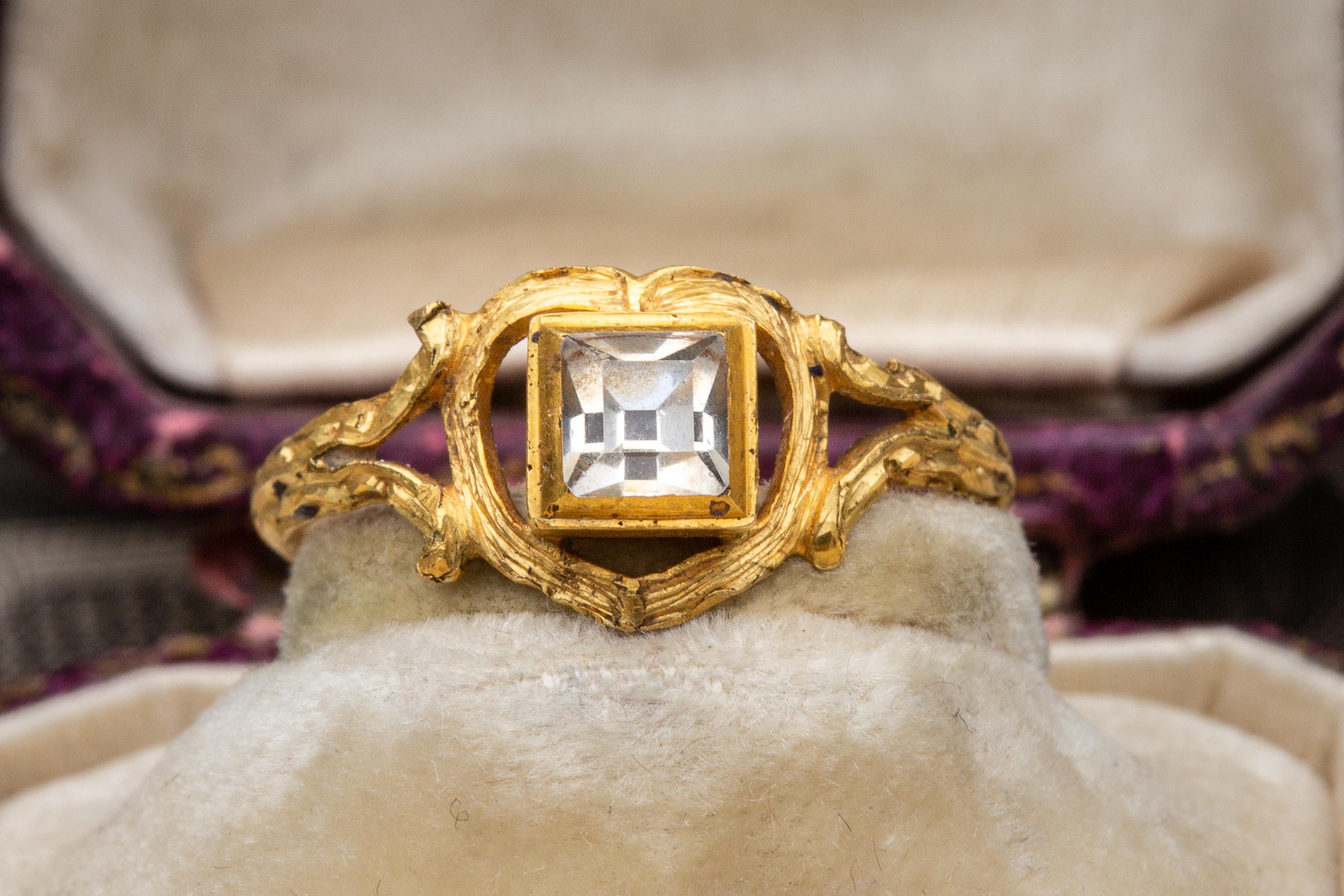 Women's Renaissance 17th Century Table Cut Rock Crystal Love Heart Ring 22K Gold