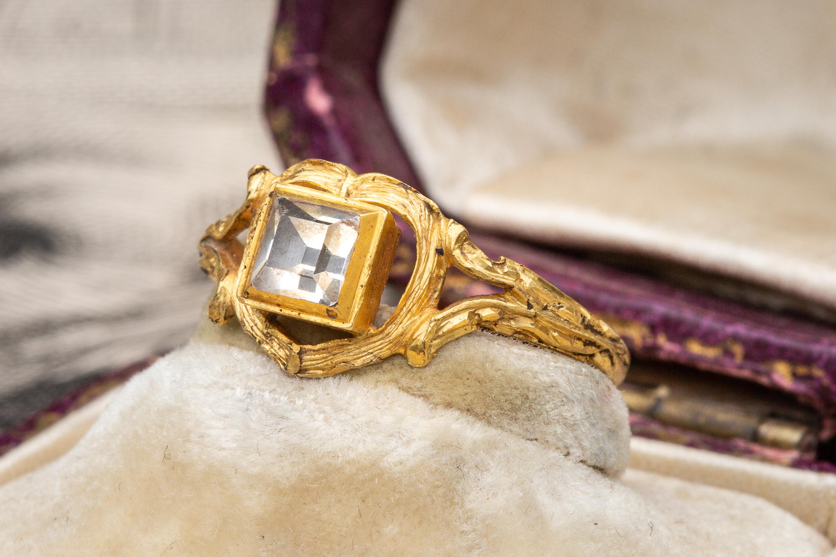 Renaissance 17th Century Table Cut Rock Crystal Love Heart Ring 22K Gold 1