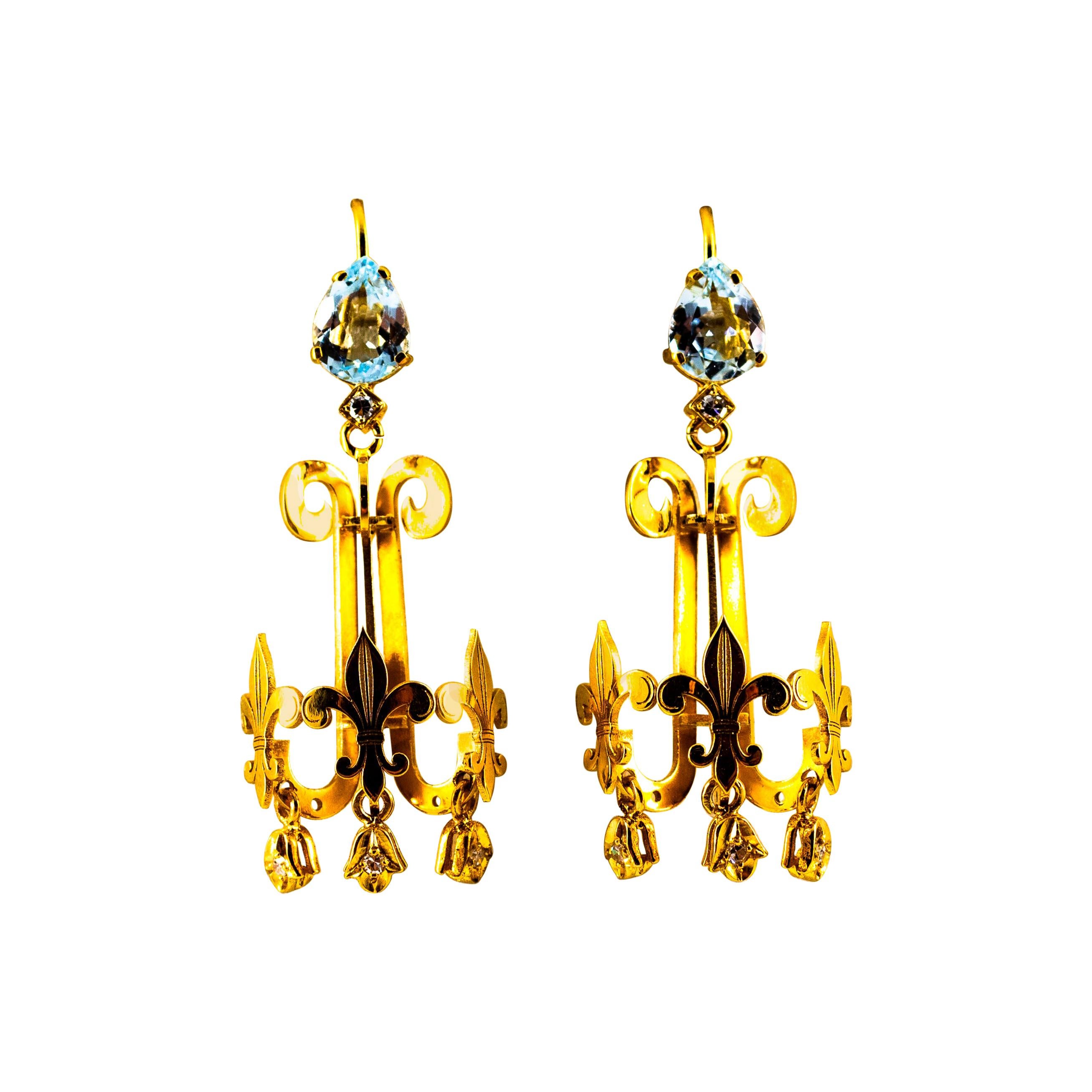 Boucles d'oreilles chandelier Renaissance en or jaune avec aigue-marine et diamants blancs de 2,66 carats