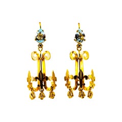 Vintage Renaissance 2.66 Carat White Diamond Aquamarine Yellow Gold Chandelier Earrings