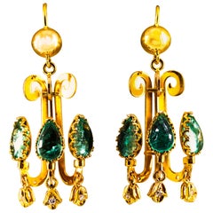 Vintage Renaissance 5.82 Carat White Diamond Emerald Yellow Gold Chandelier Earrings