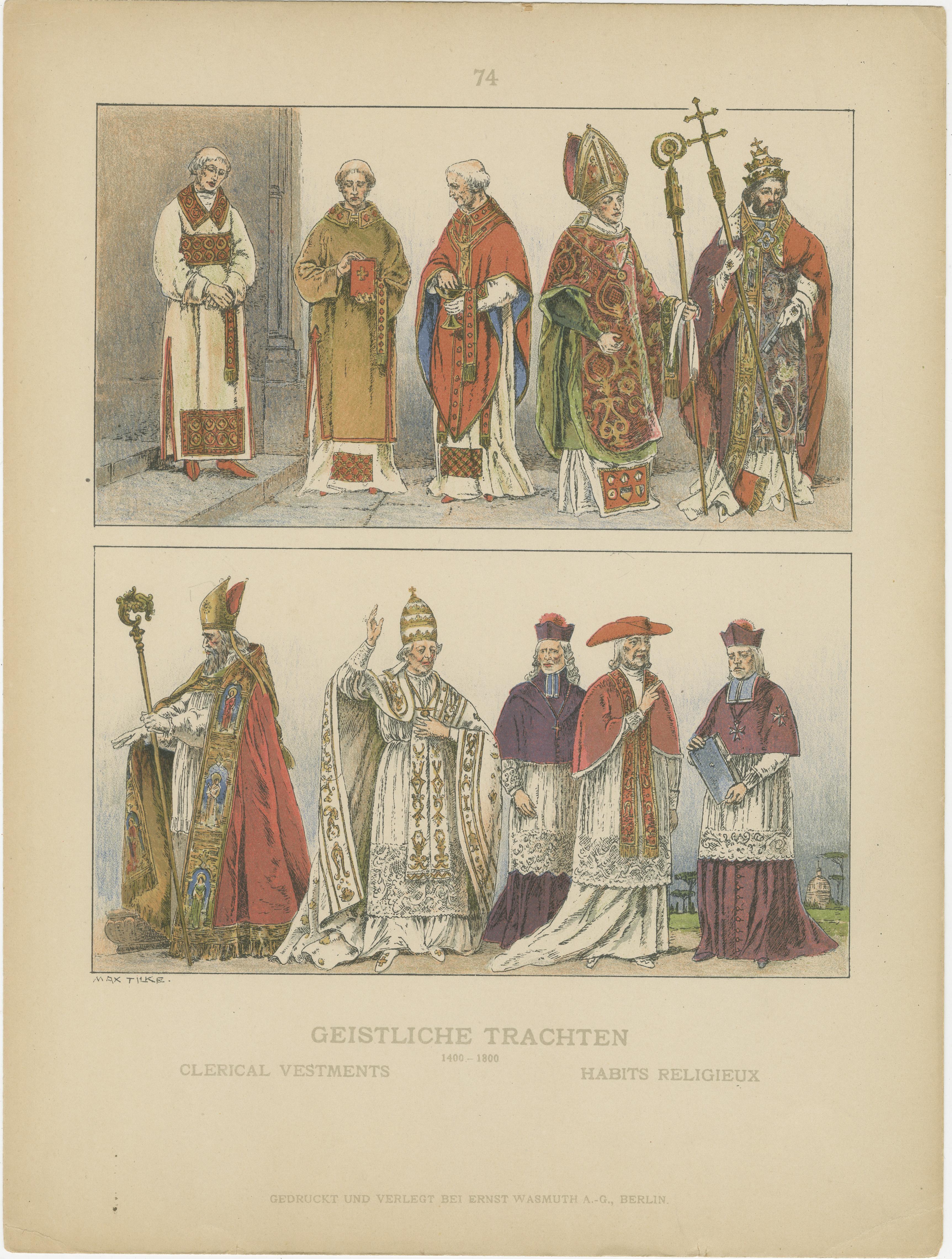 Klerikale Gewänder 1400-1800, Antiker handkolorierter kirchlicher Druck

Diese detailreiche antike Kostümtafel veranschaulicht die Entwicklung der kirchlichen Gewänder zwischen 1400 und 1800 und bietet einen anschaulichen und maßgeblichen Überblick