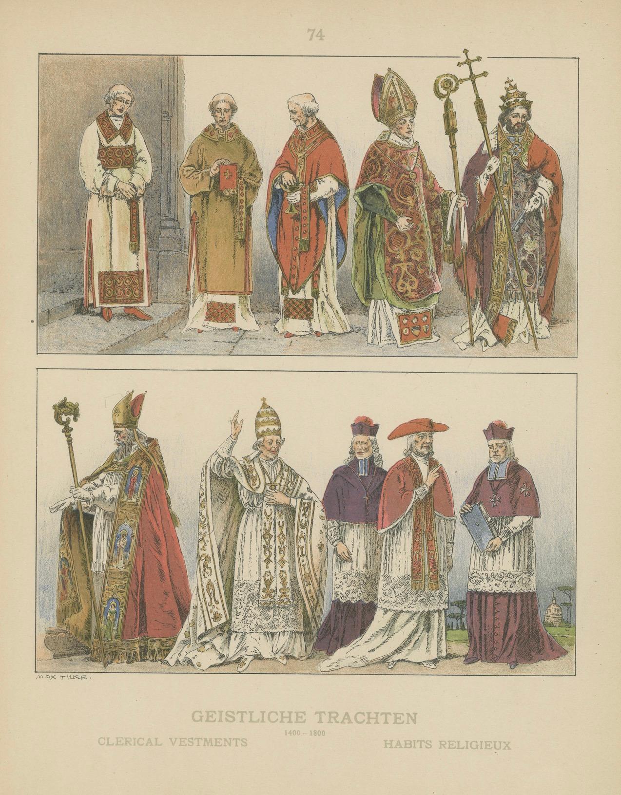 Renaissance- und Barockgewand des Klerus, antike Lithographie, um 1880 (Deutsch) im Angebot