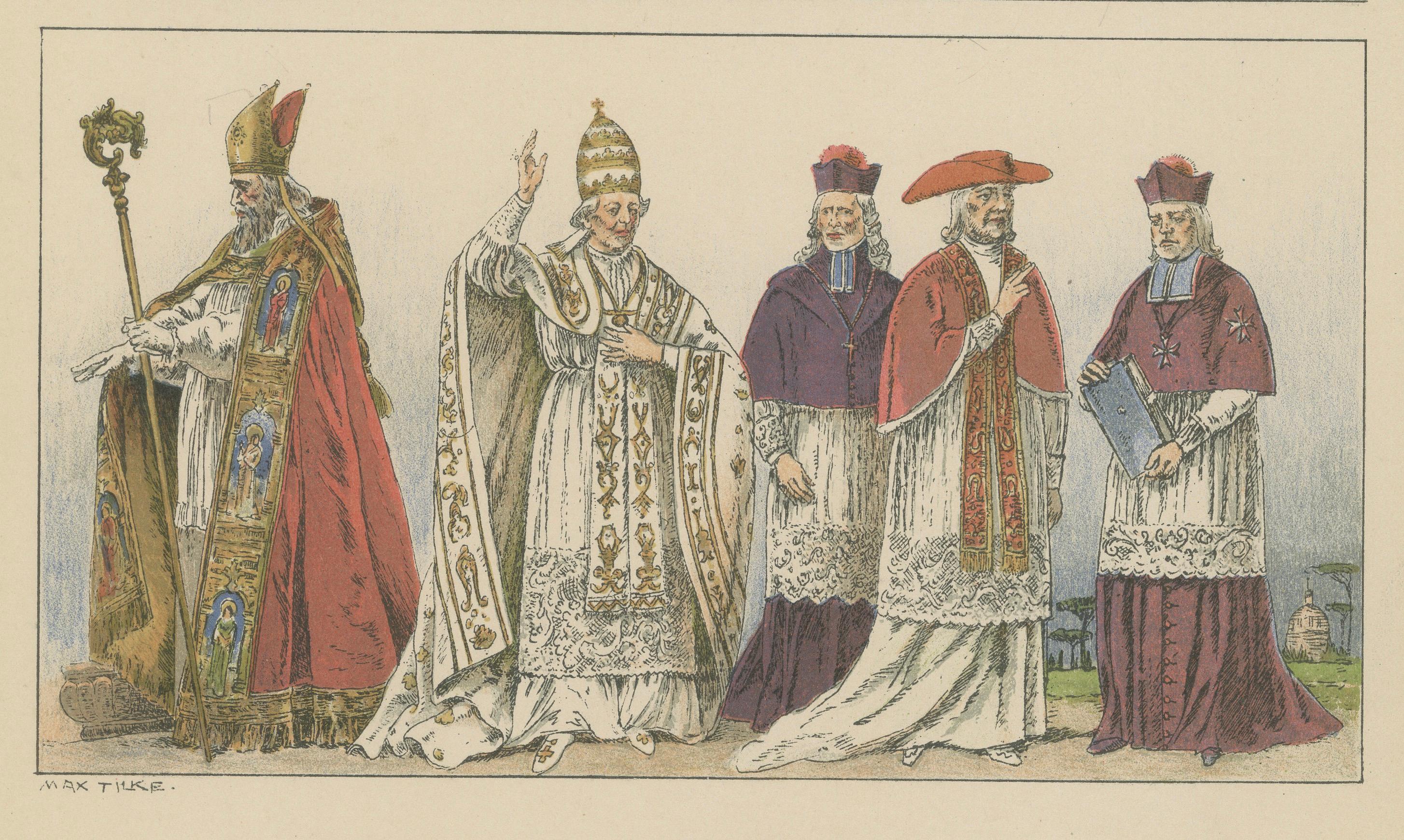 Renaissance- und Barockgewand des Klerus, antike Lithographie, um 1880 (Spätes 19. Jahrhundert) im Angebot