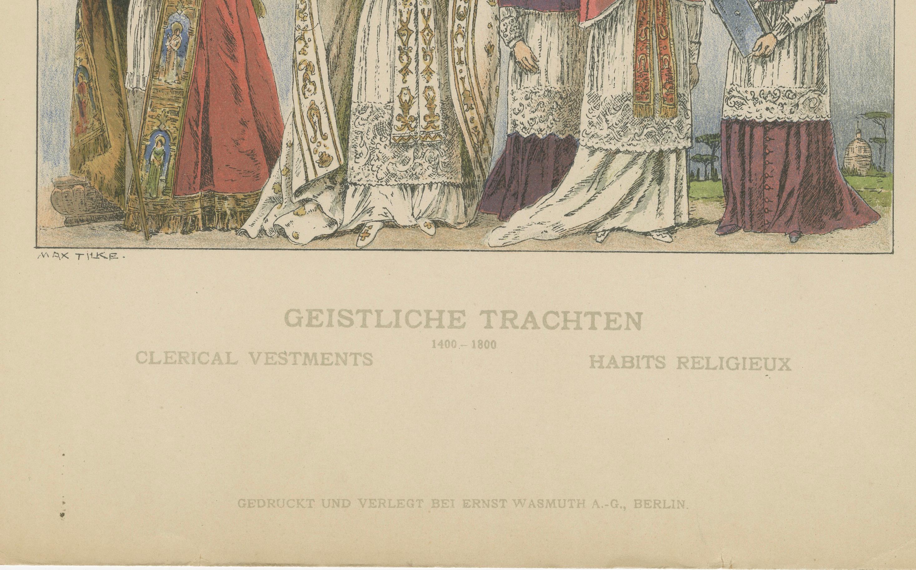 Renaissance- und Barockgewand des Klerus, antike Lithographie, um 1880 (Papier) im Angebot