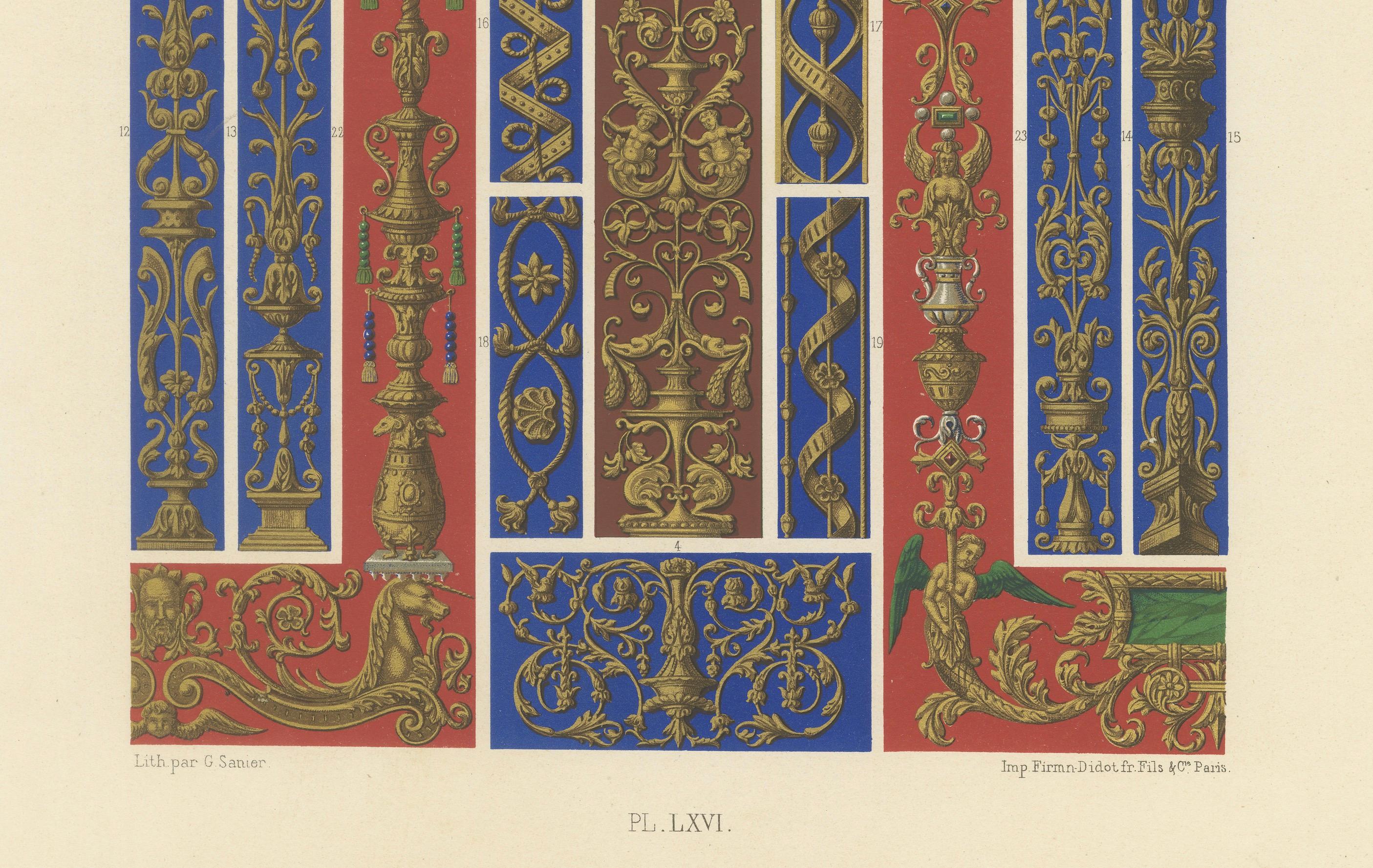 Ornamento arquitectónico renacentista - Paneles dorados con volutas y querubines, Placa LXVI

Esta elaborada cromolitografía de L'Ornement Polychrome (Lámina LXVI) muestra una rica selección de ornamentos arquitectónicos renacentistas, representados