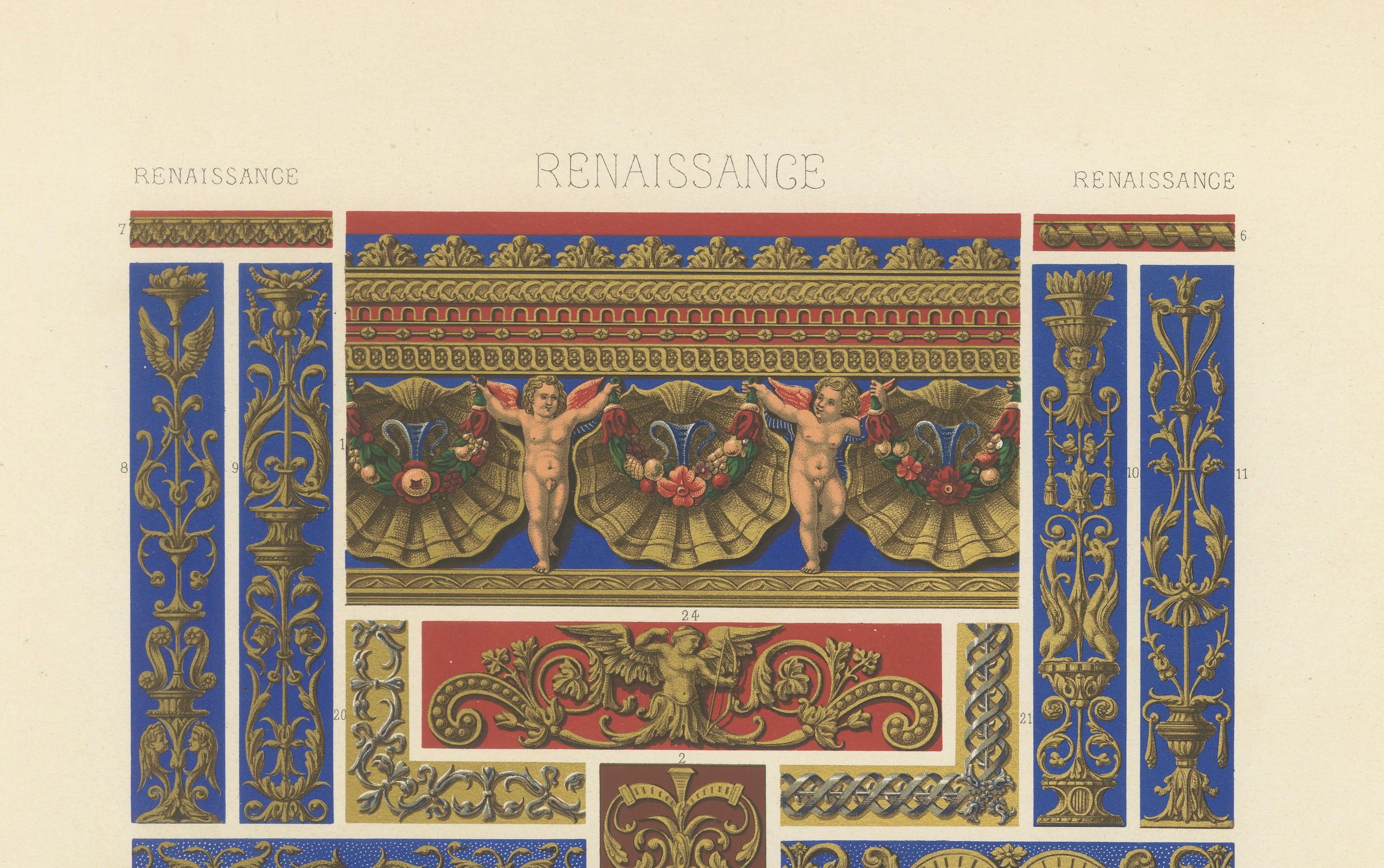 Ornamento arquitectónico renacentista - Volutas y querubines dorados, Pl. LXVI, 1869 Francés en venta