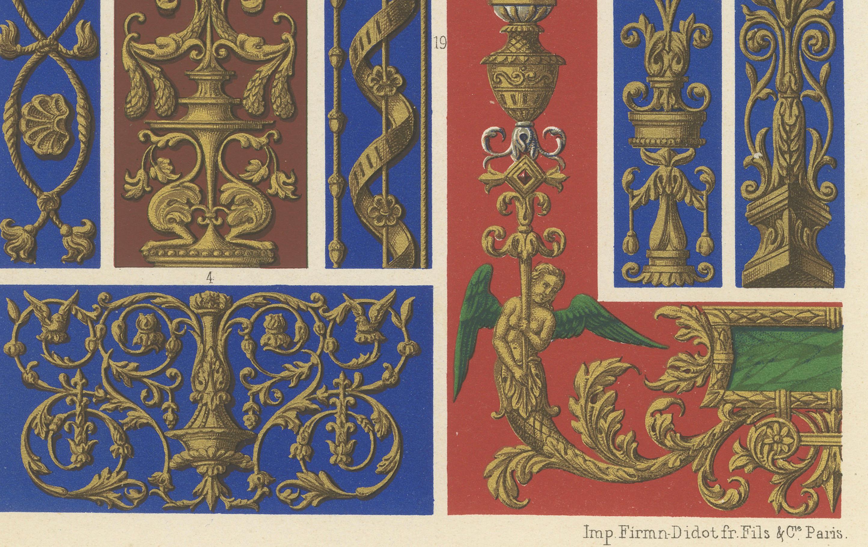 Ornamento arquitectónico renacentista - Volutas y querubines dorados, Pl. LXVI, 1869 en Bueno estado para la venta en Langweer, NL