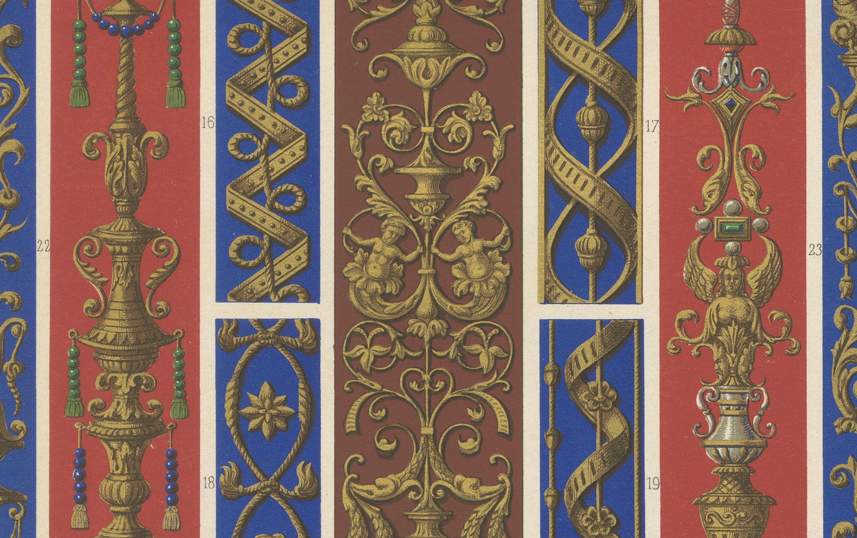 Ornamento arquitectónico renacentista - Volutas y querubines dorados, Pl. LXVI, 1869 siglo XIX en venta