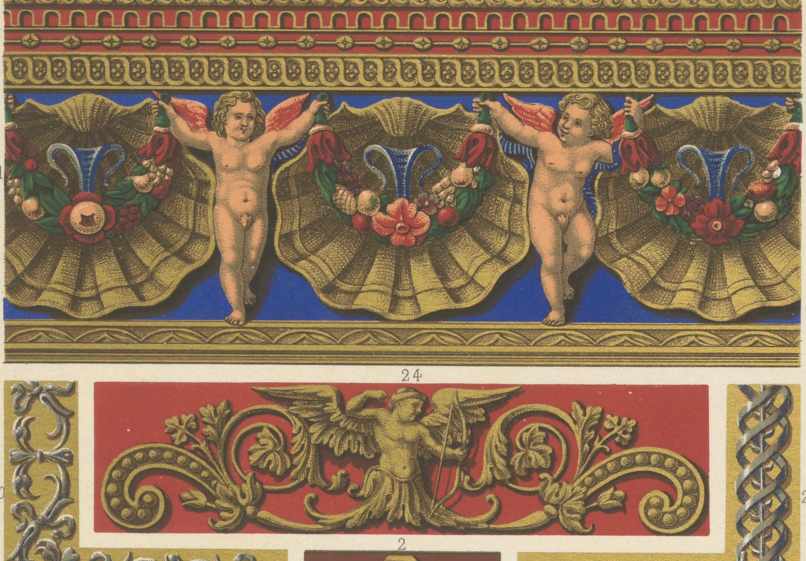 Ornamento arquitectónico renacentista - Volutas y querubines dorados, Pl. LXVI, 1869 Papel en venta