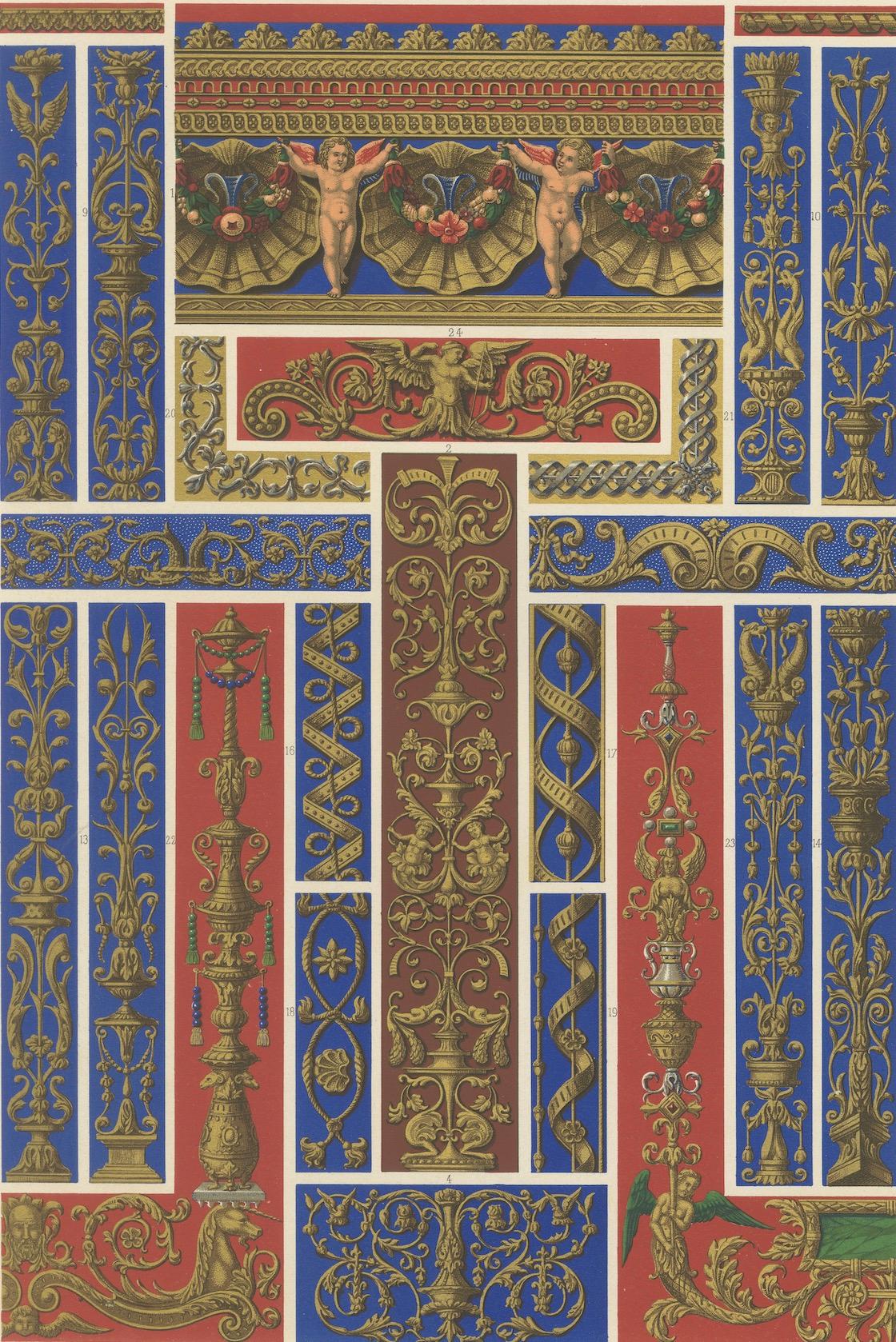 Ornamento arquitectónico renacentista - Volutas y querubines dorados, Pl. LXVI, 1869 en venta 1
