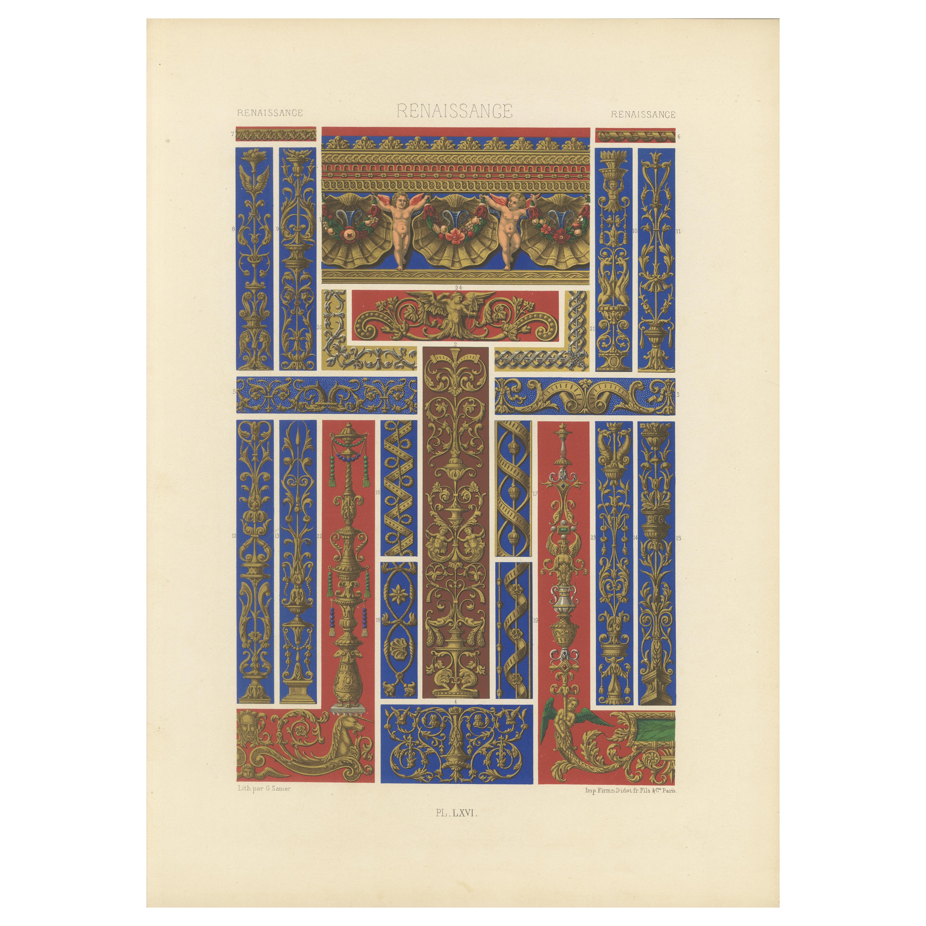 Renaissance Architectural Ornament – Gilded Scrollwork & Cherubs, Pl. LXVI, 1869
