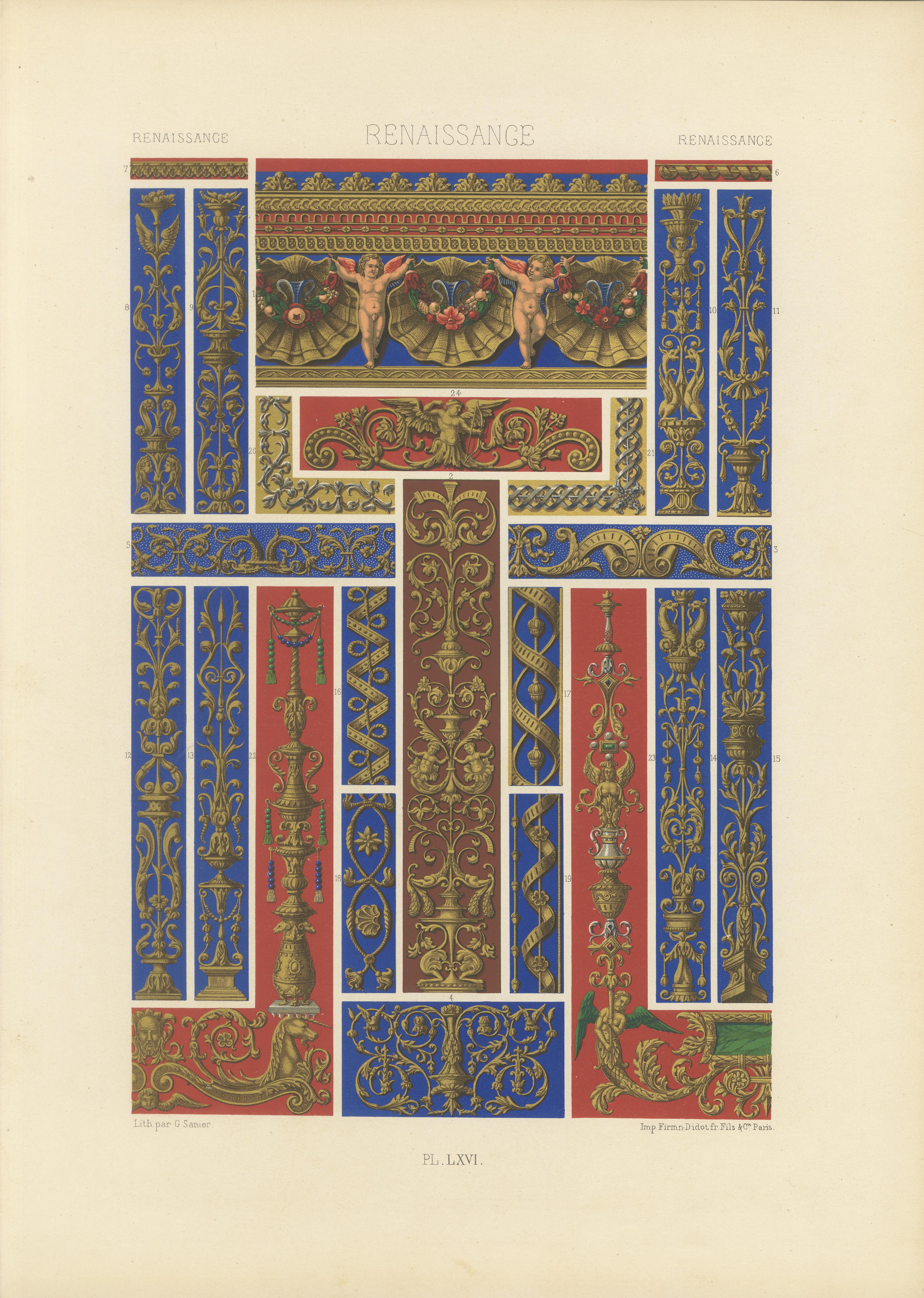Ornamento arquitectónico renacentista - Volutas y querubines dorados, Pl. LXVI, 1869 en venta