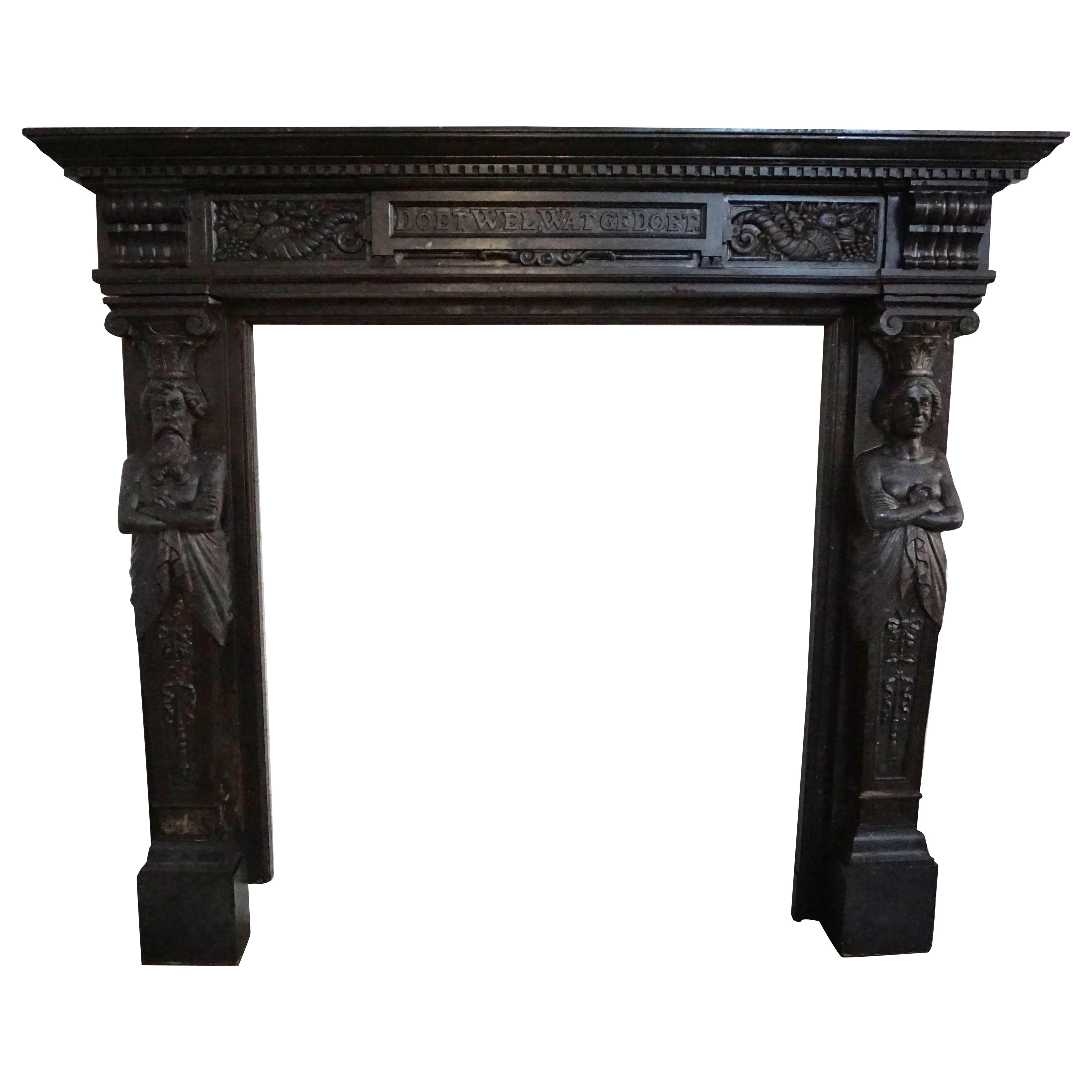 Renaissance Bluestone Mantel Depicting the King and Queen of Belgium For Sale