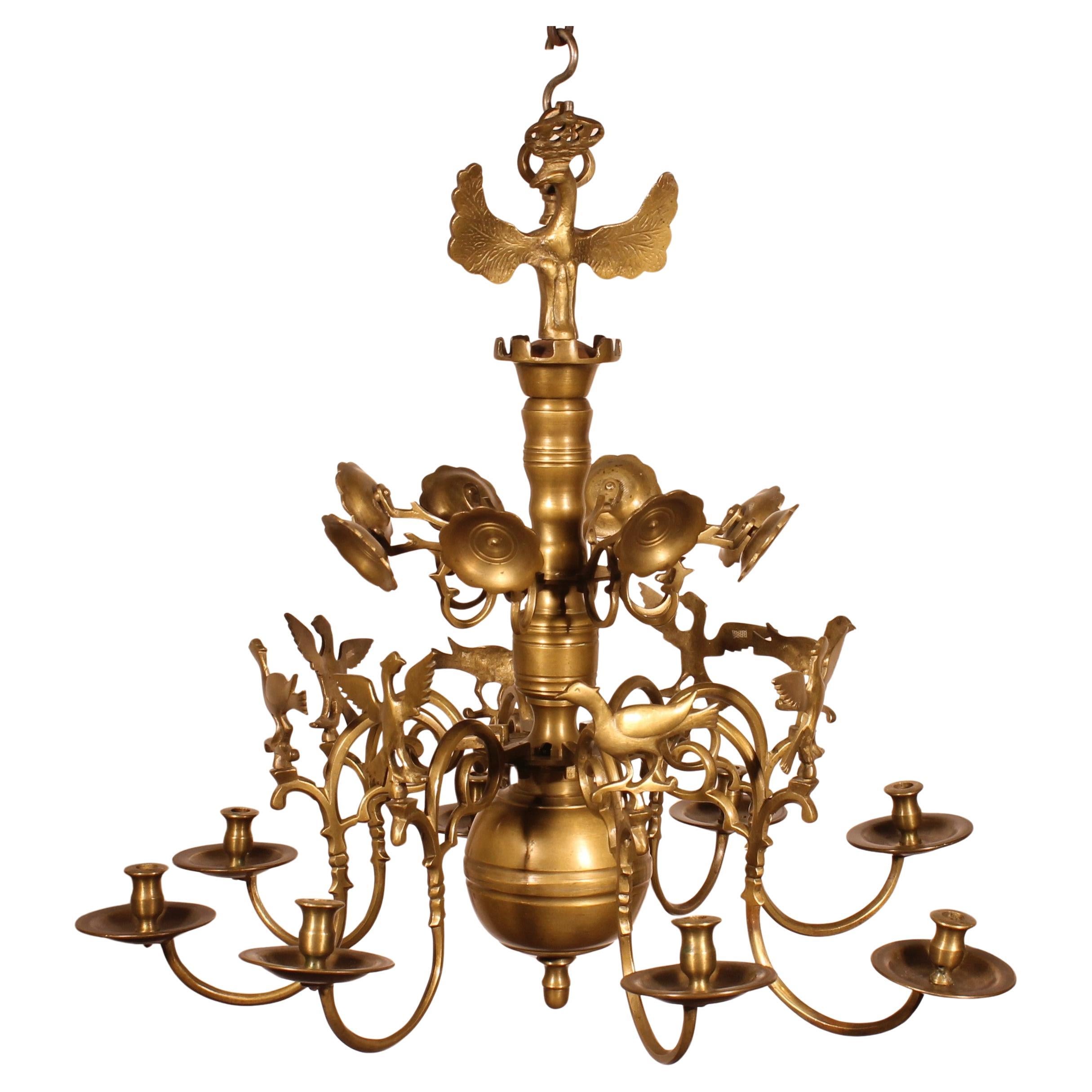 Renaissance Bronze Chandelier With 8 Light Arms Decorated With Birds