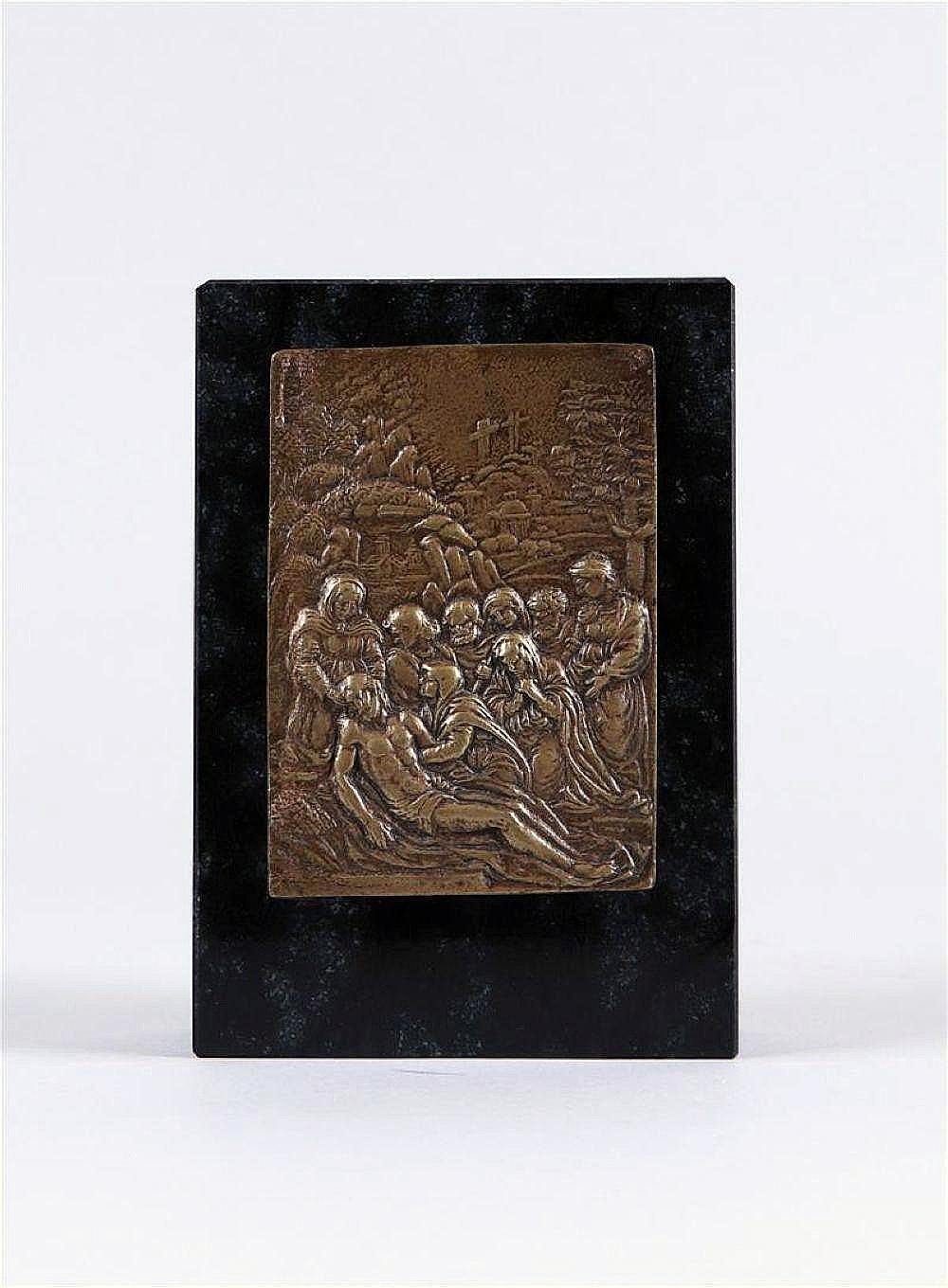 Renaissance bronze plaquette of the Lamentation from the school of Raphael

Attributed to Cesarino da Perugia
Rome, Italy; ca. 1522-24
Bronze (plaquette); black marble (mount)

Approximate size:  10.5 x 7.3 cm (plaquette)

The present plaquette,