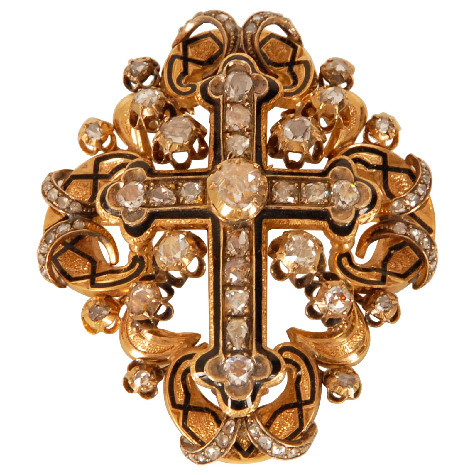 Renaissance-Brosche, Diamanten, Gold, Emaille, Kreuz, Rosenschliff, Diamant Carlo Giuliano
