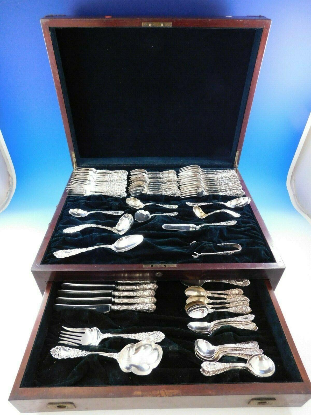Beautiful Renaissance by Dominick and Haff flatware set, 95 pieces. This scarce figural pattern features a Renaissance Man's face on the handle and on the back of the soon bowl - in fine detail. This set includes:

12 dinner knives 9 1/4