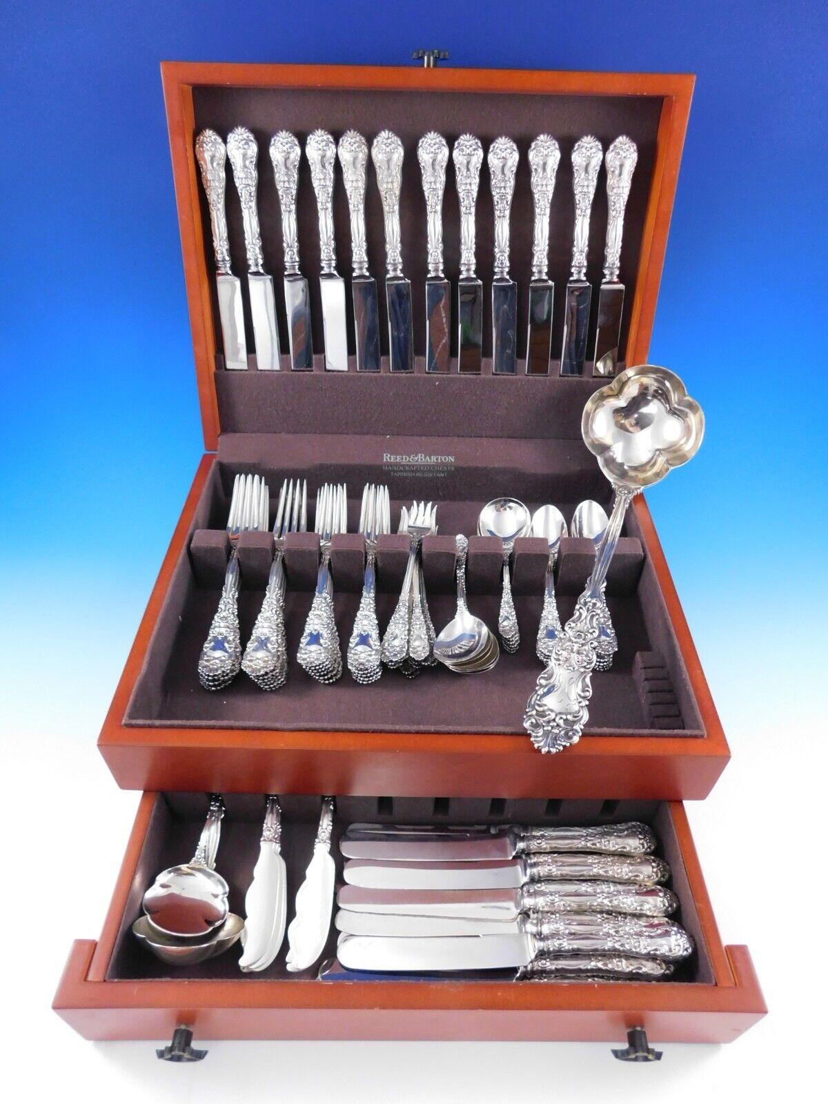 Exquisite figural Renaissance by Dominick and Haff flatware set, 99 pieces. The Renaissance pattern was patented in 1894. The handle front and the back at the base of the handle are decorated with scroll designs and a classic bearded man's face