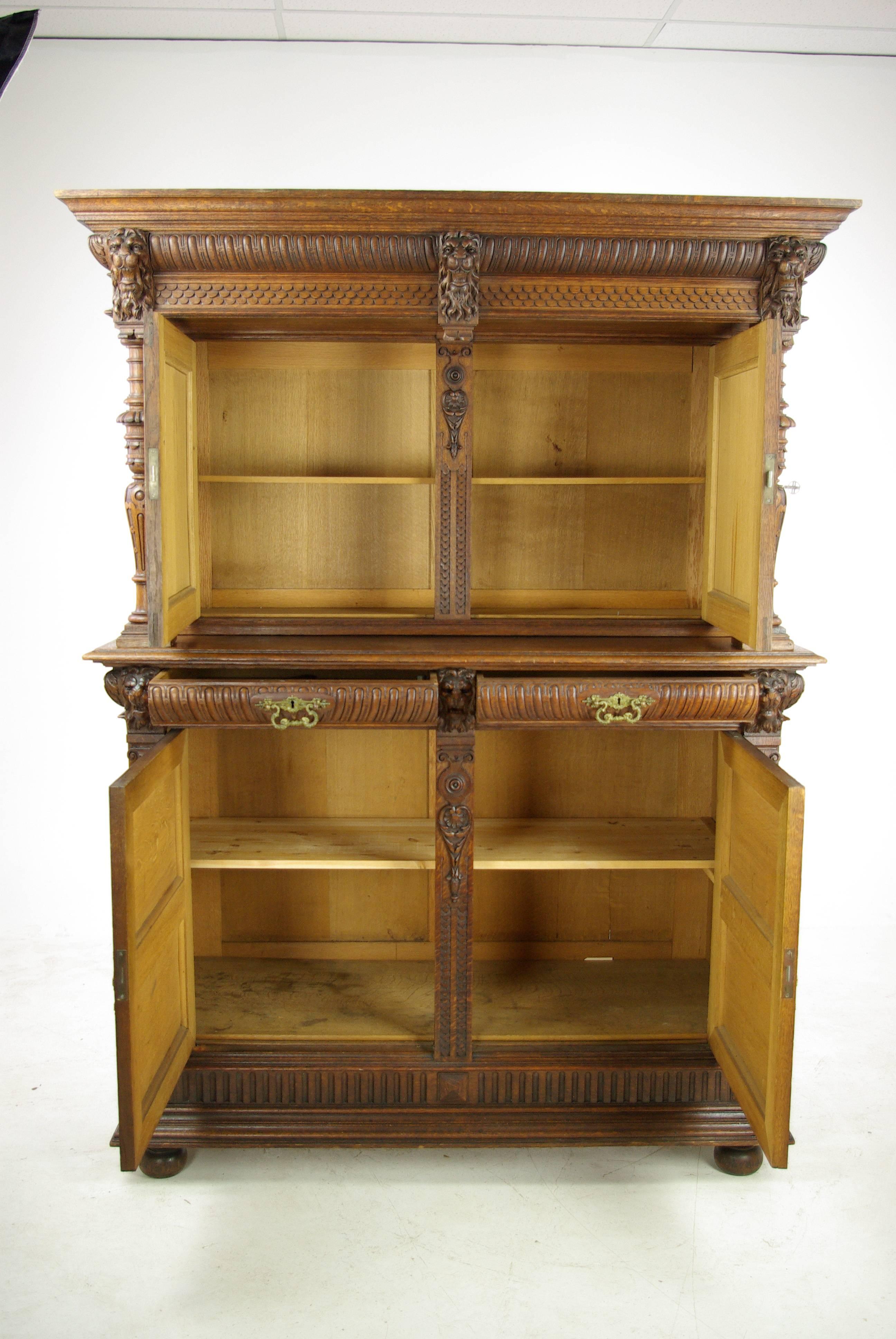 French Renaissance cabinet, heavily carved cabinet, France 1880, antique furniture, B1124

France, 1880
Solid oak construction
Heavily carved cornice above
Pair of carved paneled doors with single shelf interior
Two dovetailed drawers with original