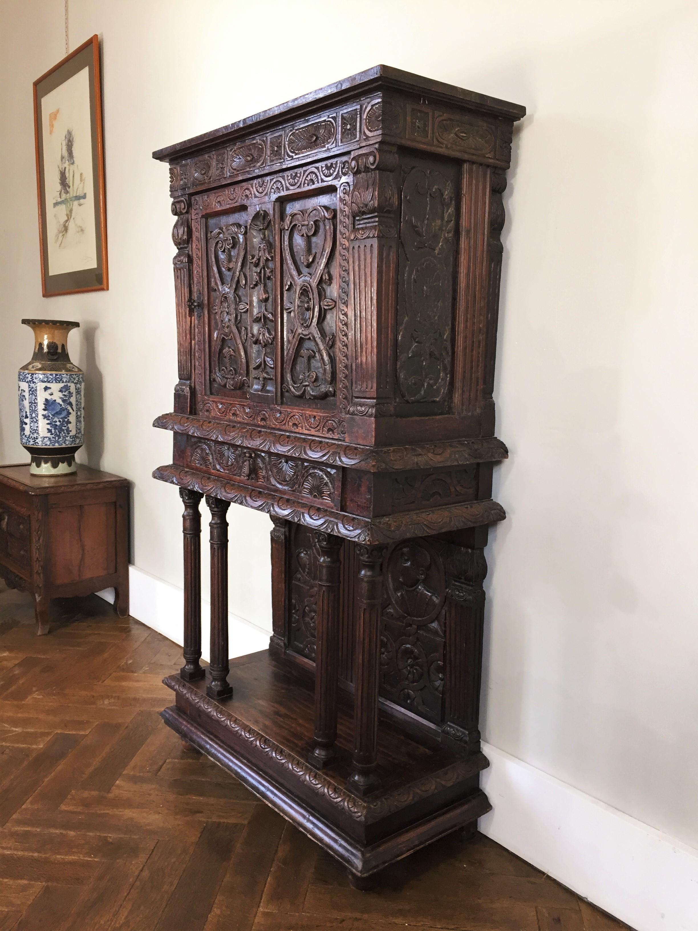 French Renaissance Cabinet in Richly Carved Oak, circa 1600