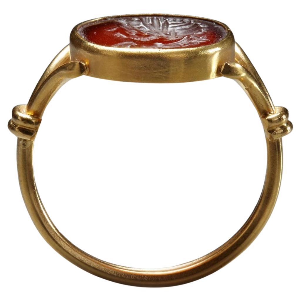 Uncut Renaissance Carnelian Intaglio Emperor Hadrian Gold Ring Circa 17th Century A.D.