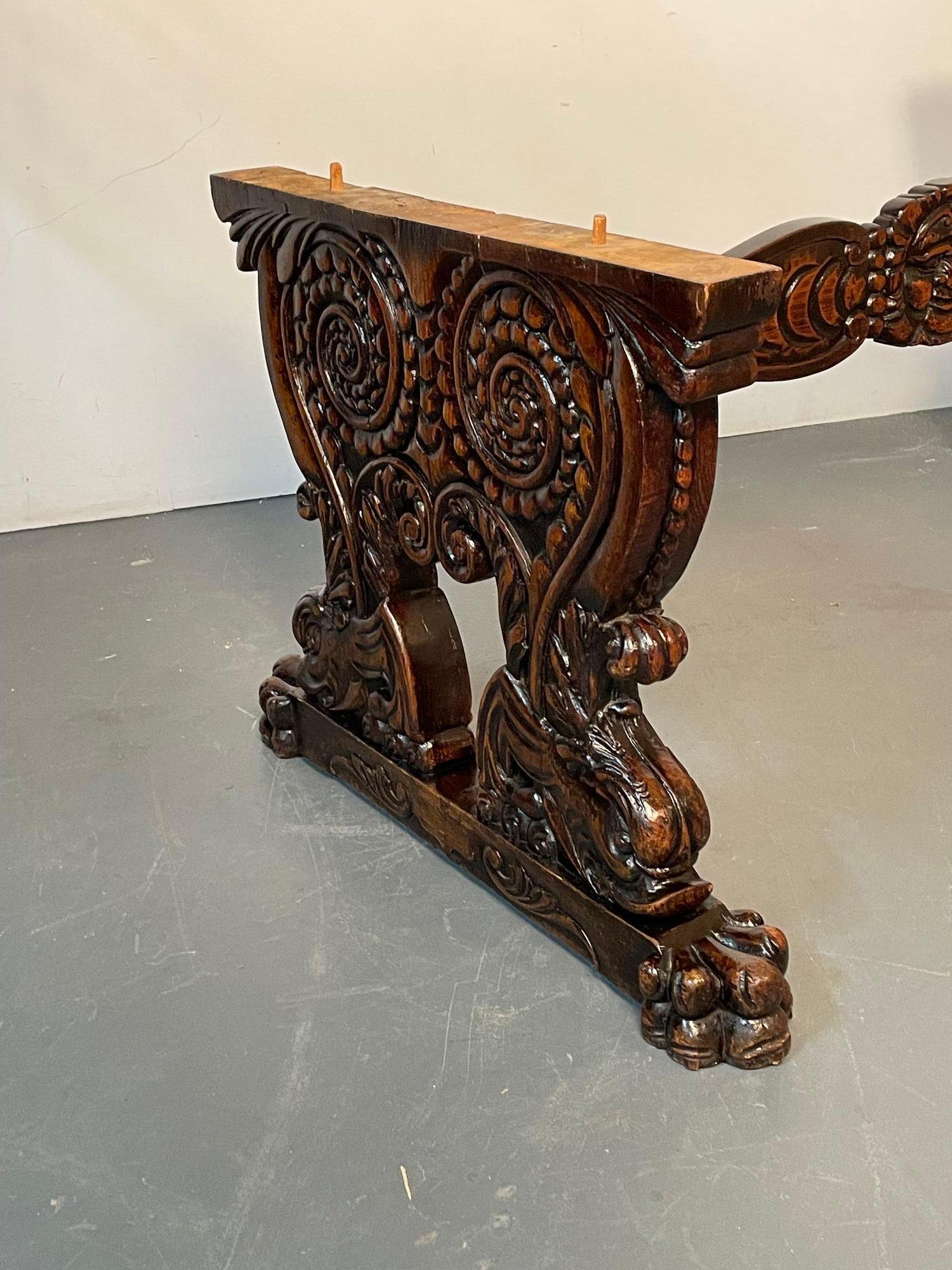 Renaissance Carved Dining Center Table, Dolphin Claw Foot Base, 19th Century For Sale 6